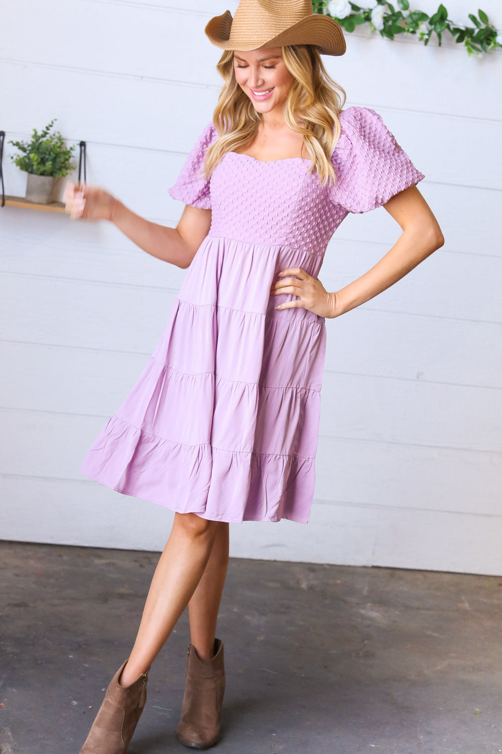 Lavender Haze Dress Lilac Embossed Bubble Sleeve Smocked Tiered Babydoll Dress ~SALE~