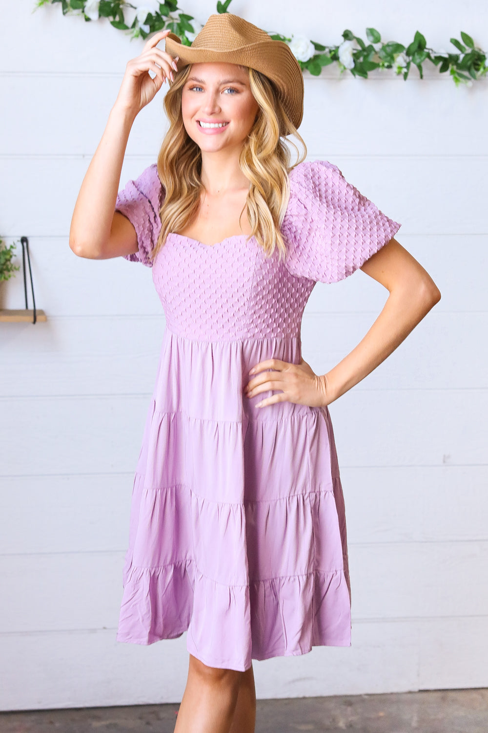 Lavender Haze Dress Lilac Embossed Bubble Sleeve Smocked Tiered Babydoll Dress ~SALE~