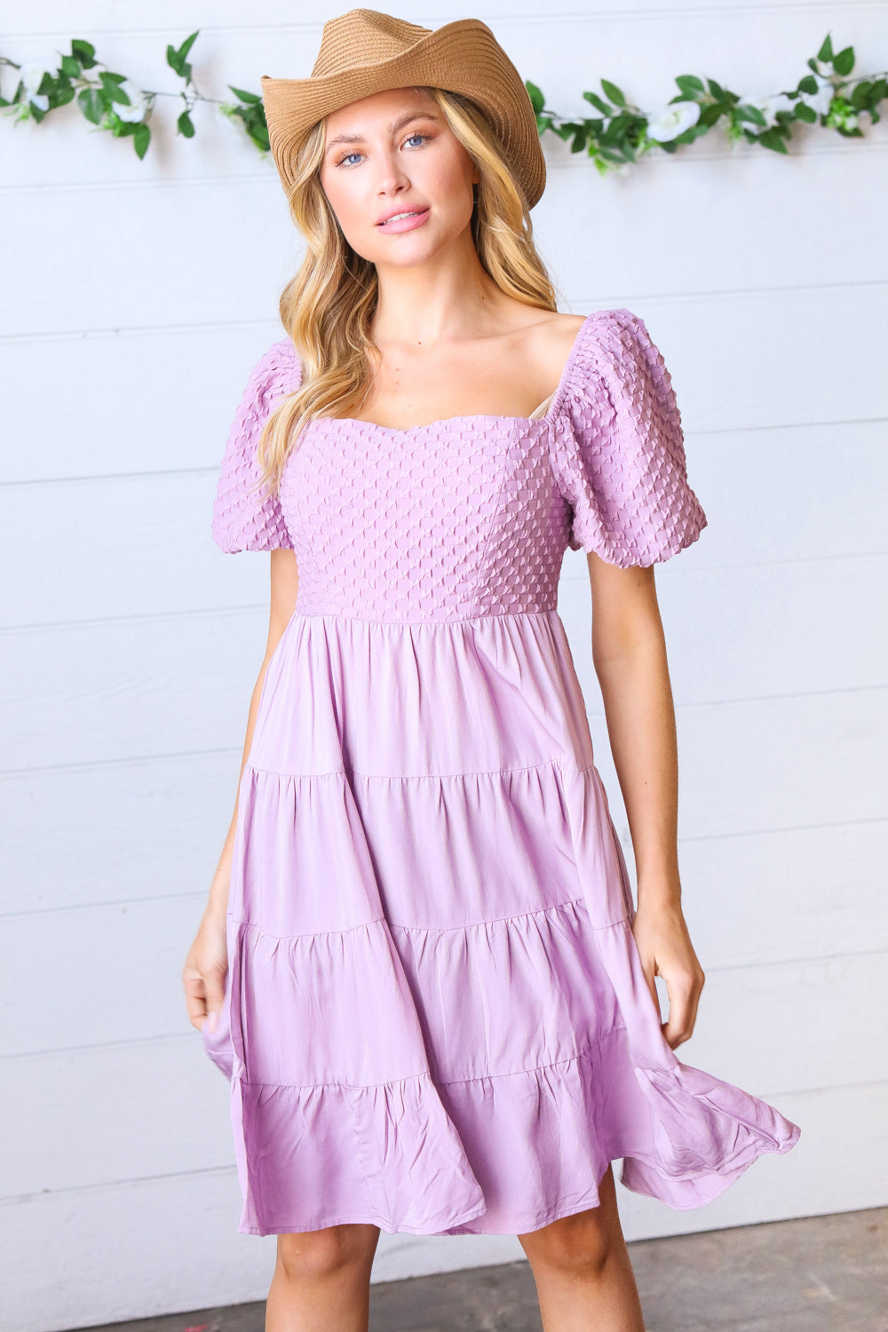 Lavender Haze Dress Lilac Embossed Bubble Sleeve Smocked Tiered Babydoll Dress ~SALE~