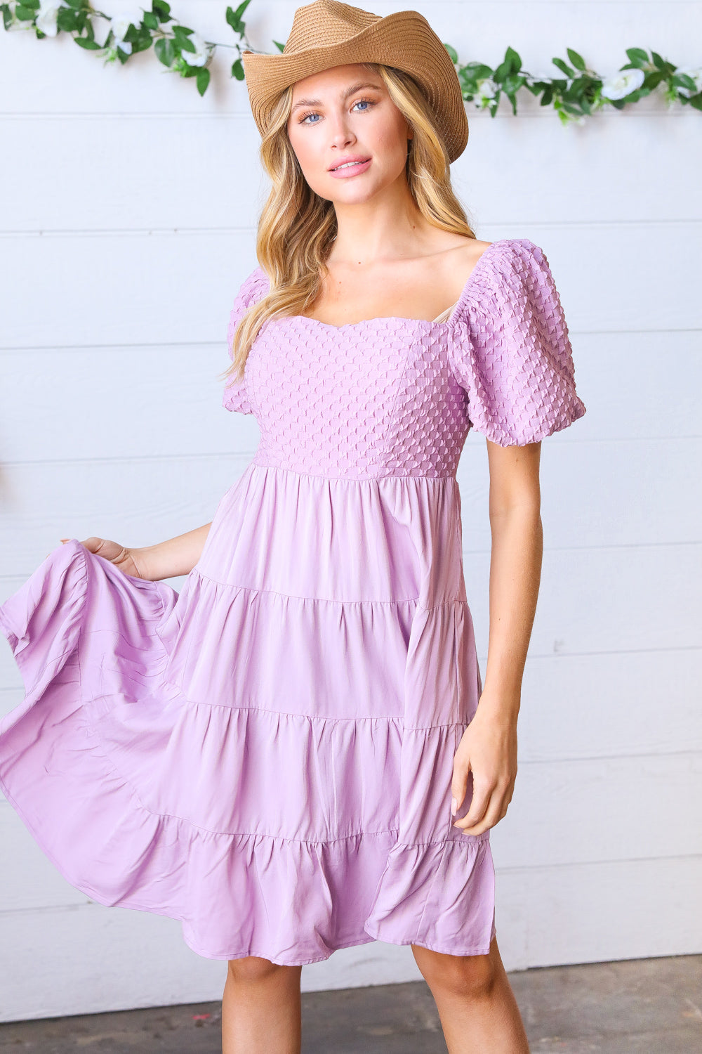 Lavender Haze Dress Lilac Embossed Bubble Sleeve Smocked Tiered Babydoll Dress ~SALE~