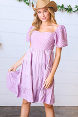 Lavender Haze Dress Lilac Embossed Bubble Sleeve Smocked Tiered Babydoll Dress ~SALE~