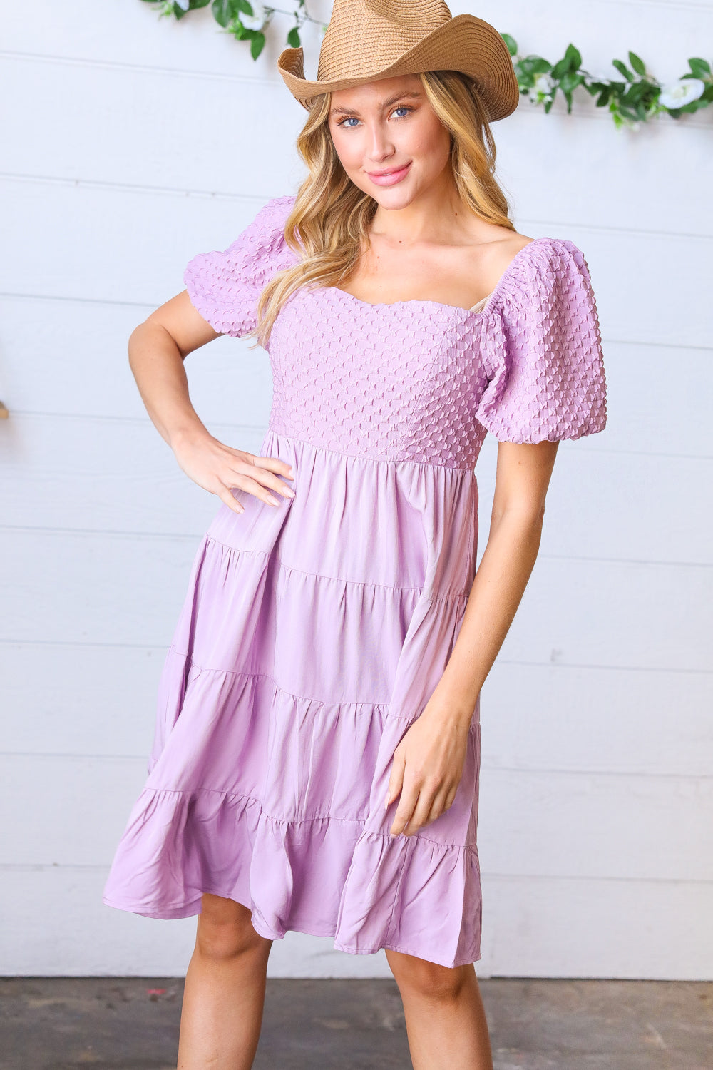 Lavender Haze Dress Lilac Embossed Bubble Sleeve Smocked Tiered Babydoll Dress ~SALE~