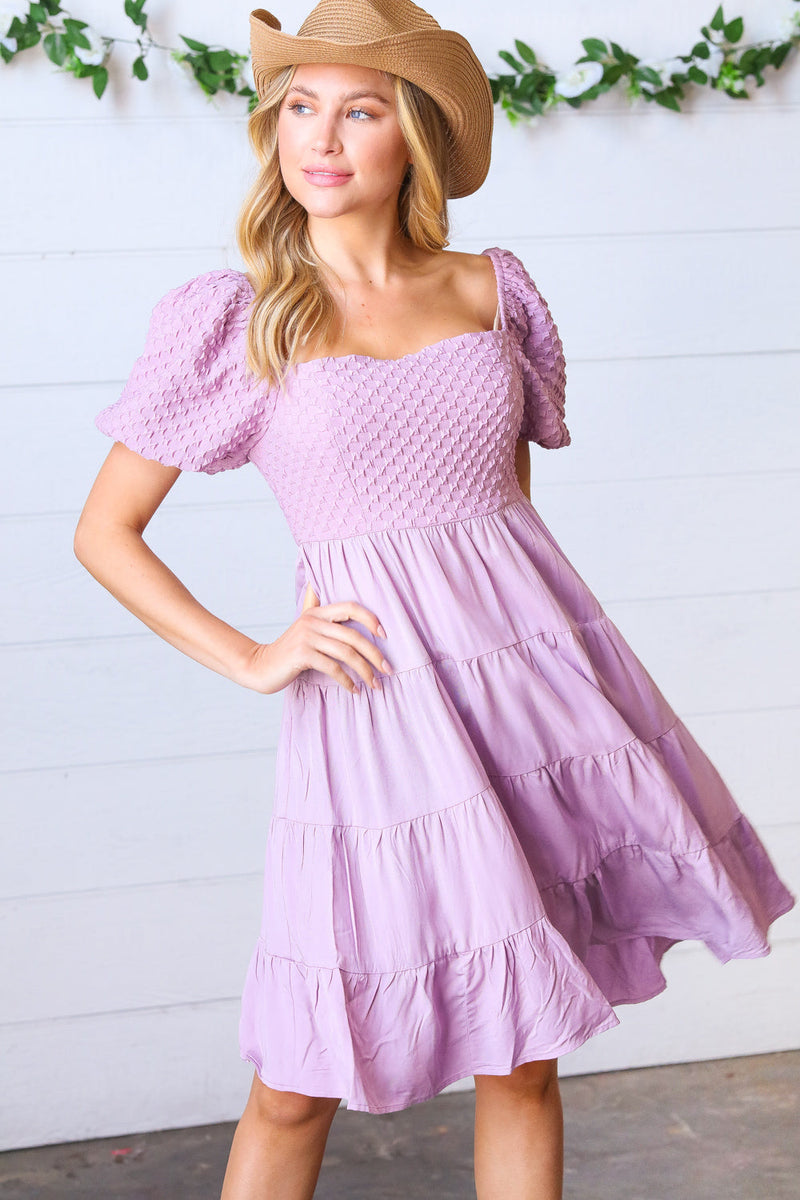 Lavender Haze Dress Lilac Embossed Bubble Sleeve Smocked Tiered Babydoll Dress ~SALE~