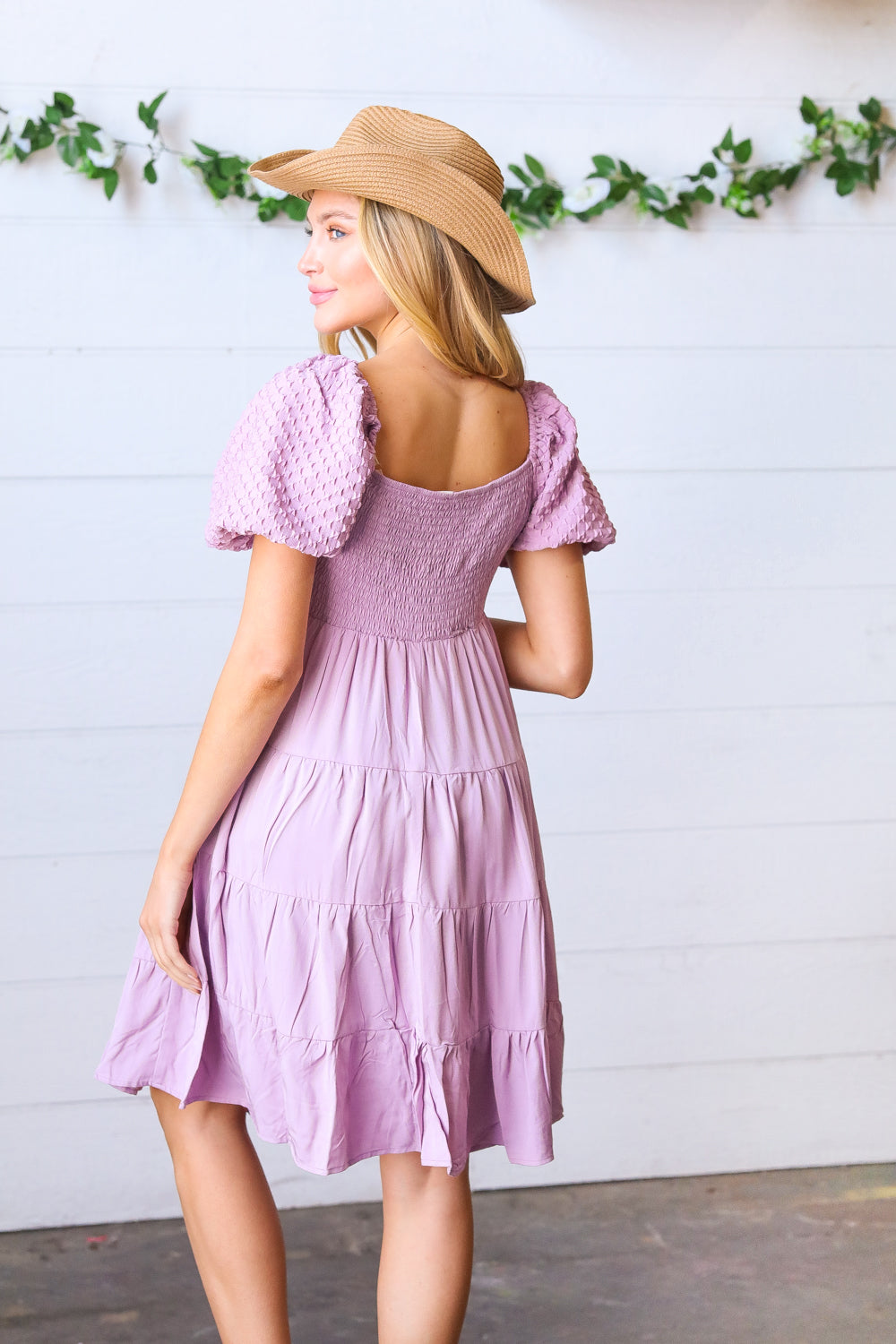 Lavender Haze Dress Lilac Embossed Bubble Sleeve Smocked Tiered Babydoll Dress ~SALE~