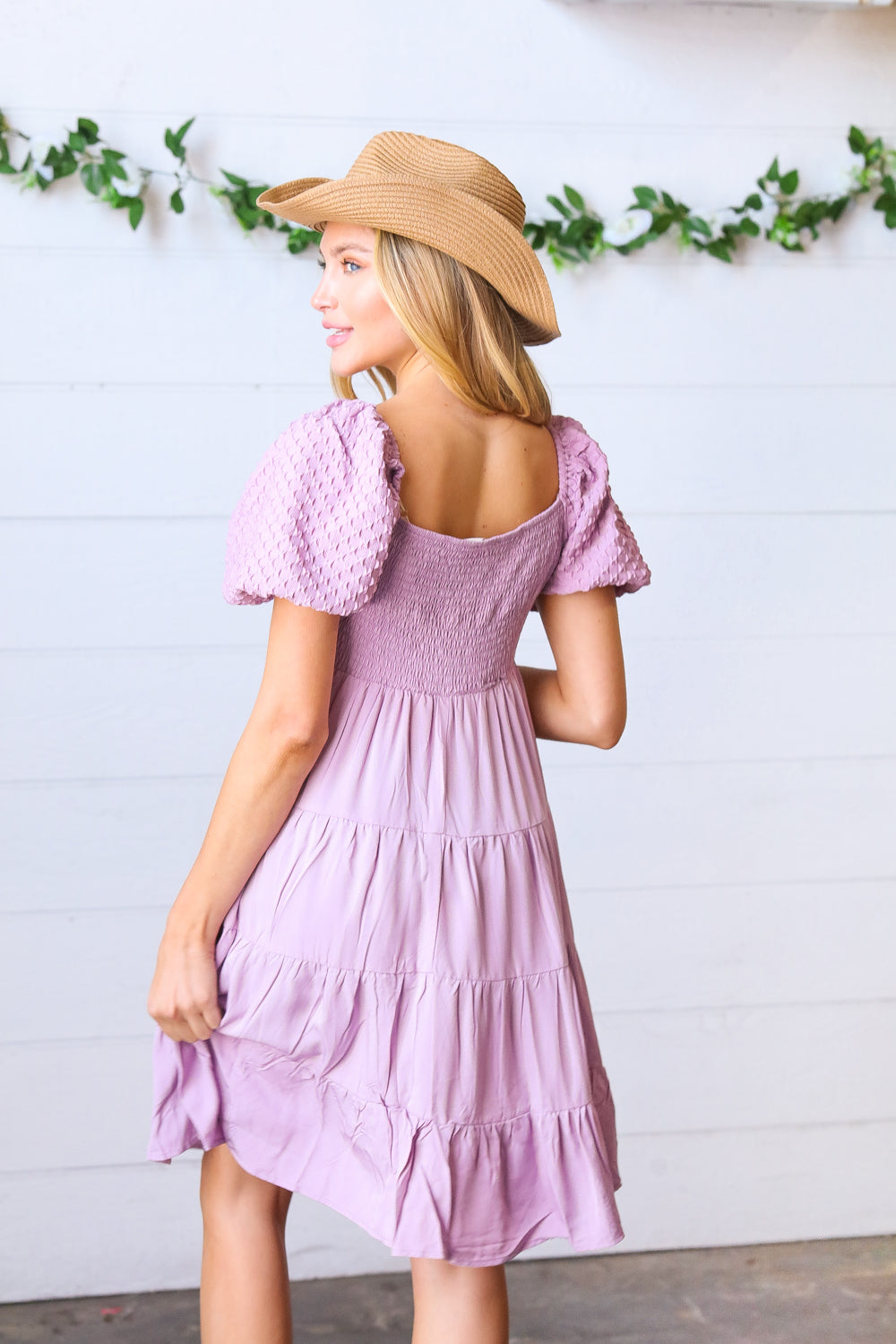 Lavender Haze Dress Lilac Embossed Bubble Sleeve Smocked Tiered Babydoll Dress ~SALE~