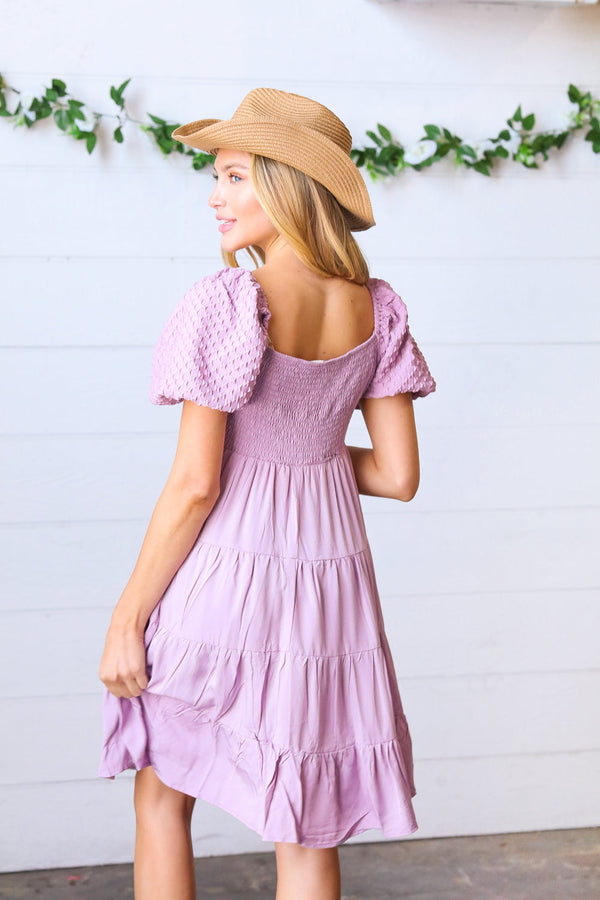 Lilac Embossed Bubble Sleeve Smocked Tiered Babydoll Dress