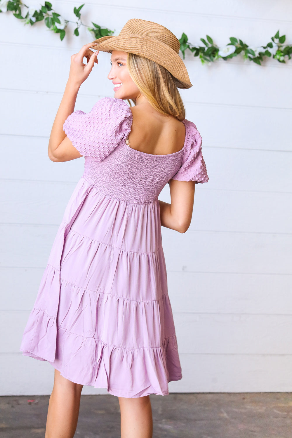 Lavender Haze Dress Lilac Embossed Bubble Sleeve Smocked Tiered Babydoll Dress ~SALE~