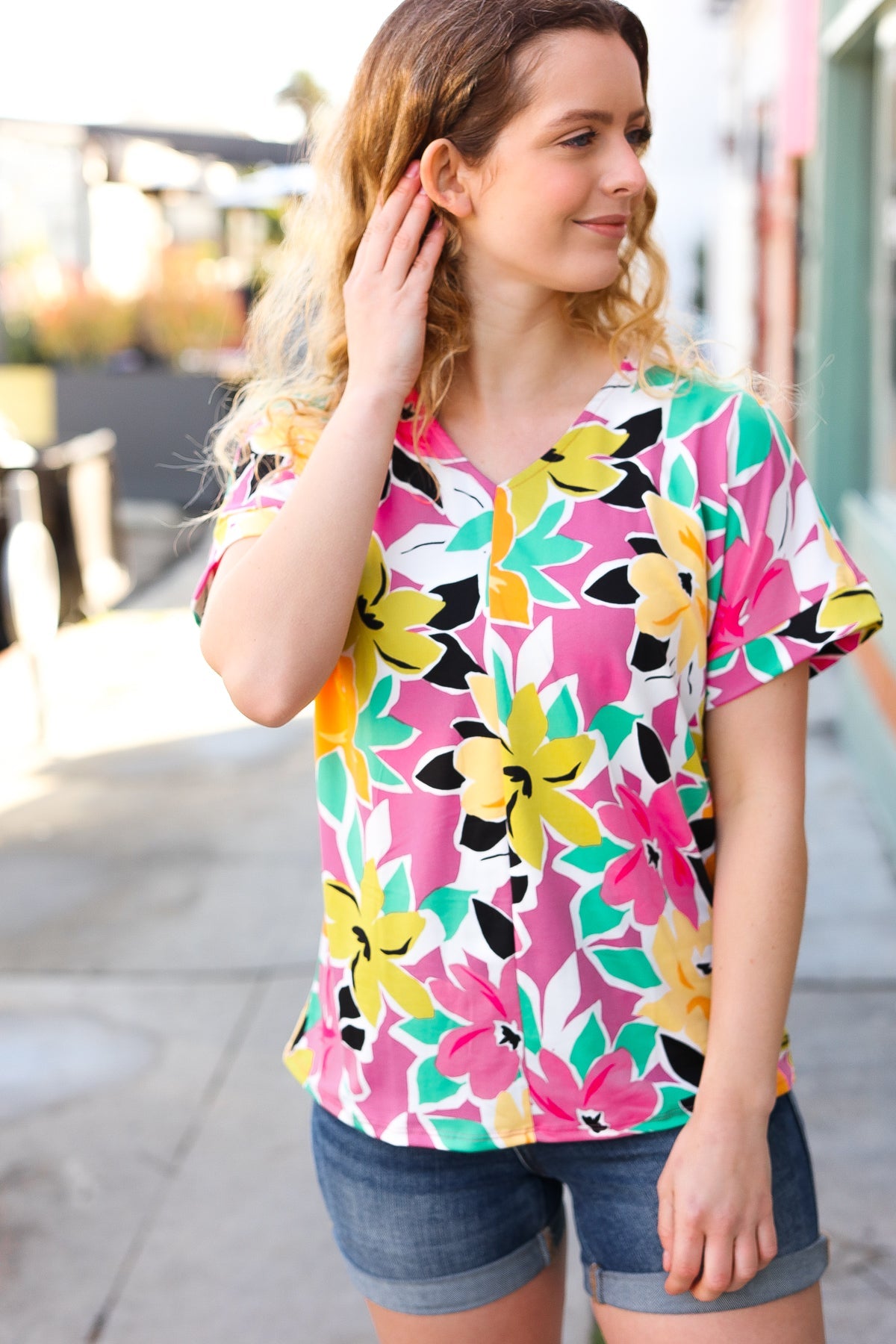 Fuchsia & Emerald Flat Floral V Neck Top