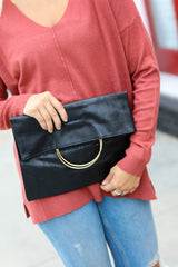 Black Fold Over Gold O-Ring Faux Leather Clutch Bag