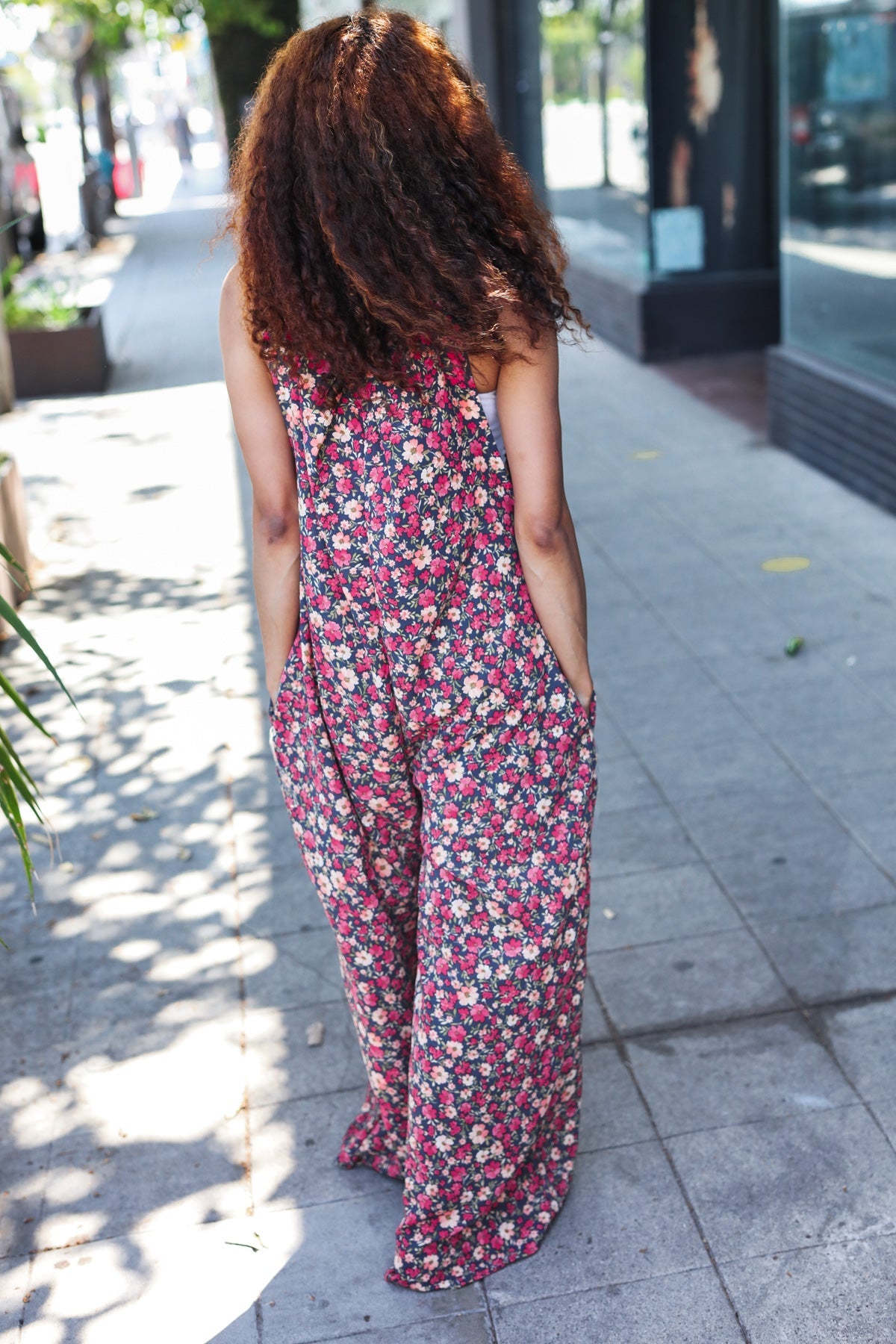 Navy Floral Print Overall Jumpsuit