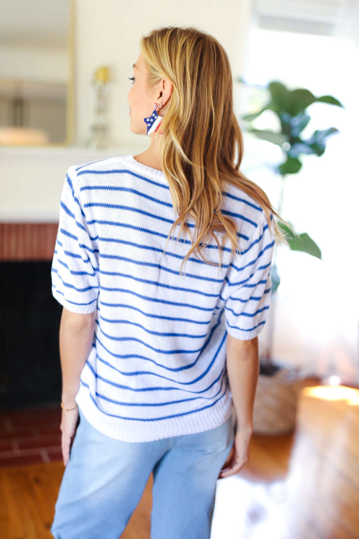 America Proud Blue Striped Embroidered Puff Sleeve Top -SALE-