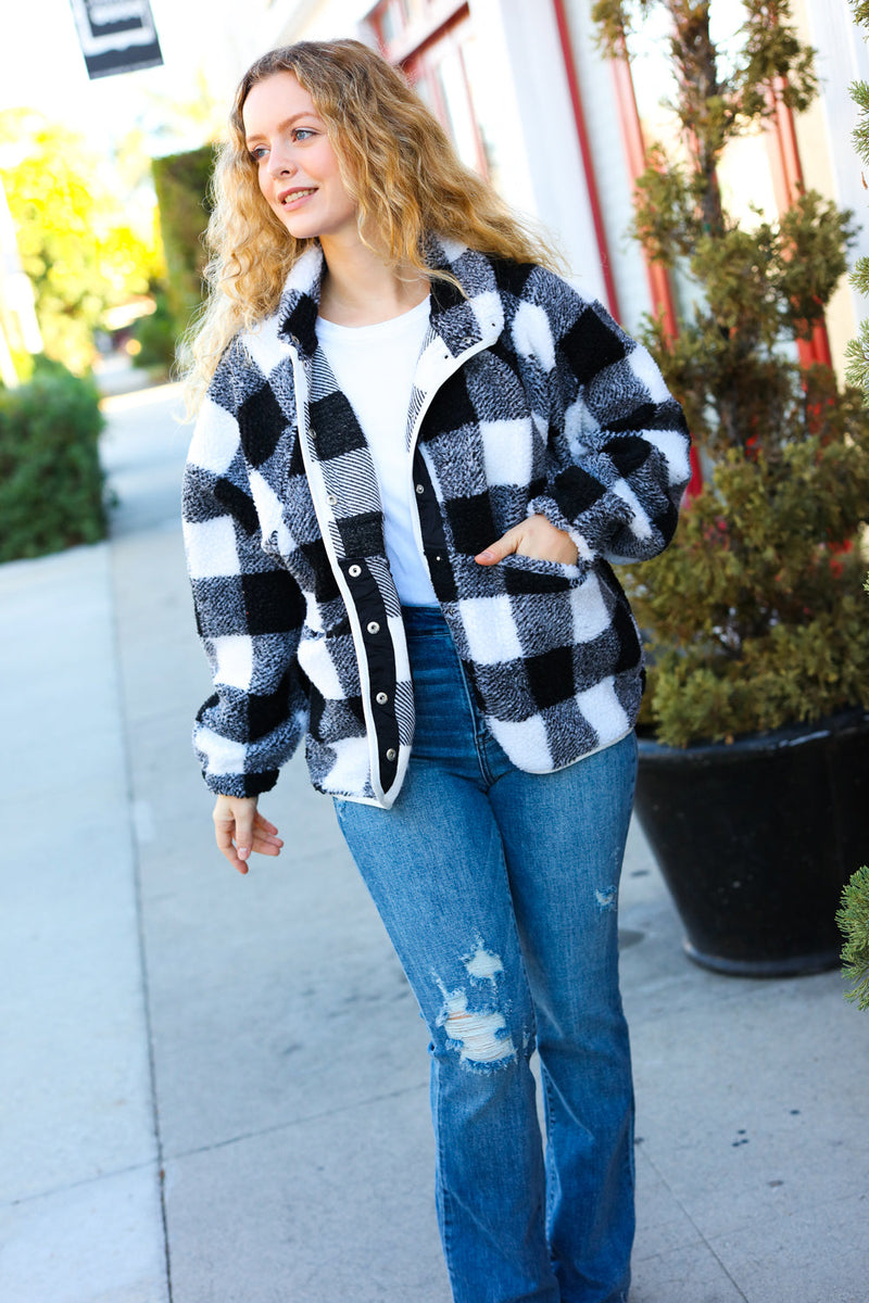 It's Your Best Black & Ivory Plaid Sherpa Button Down Jacket
