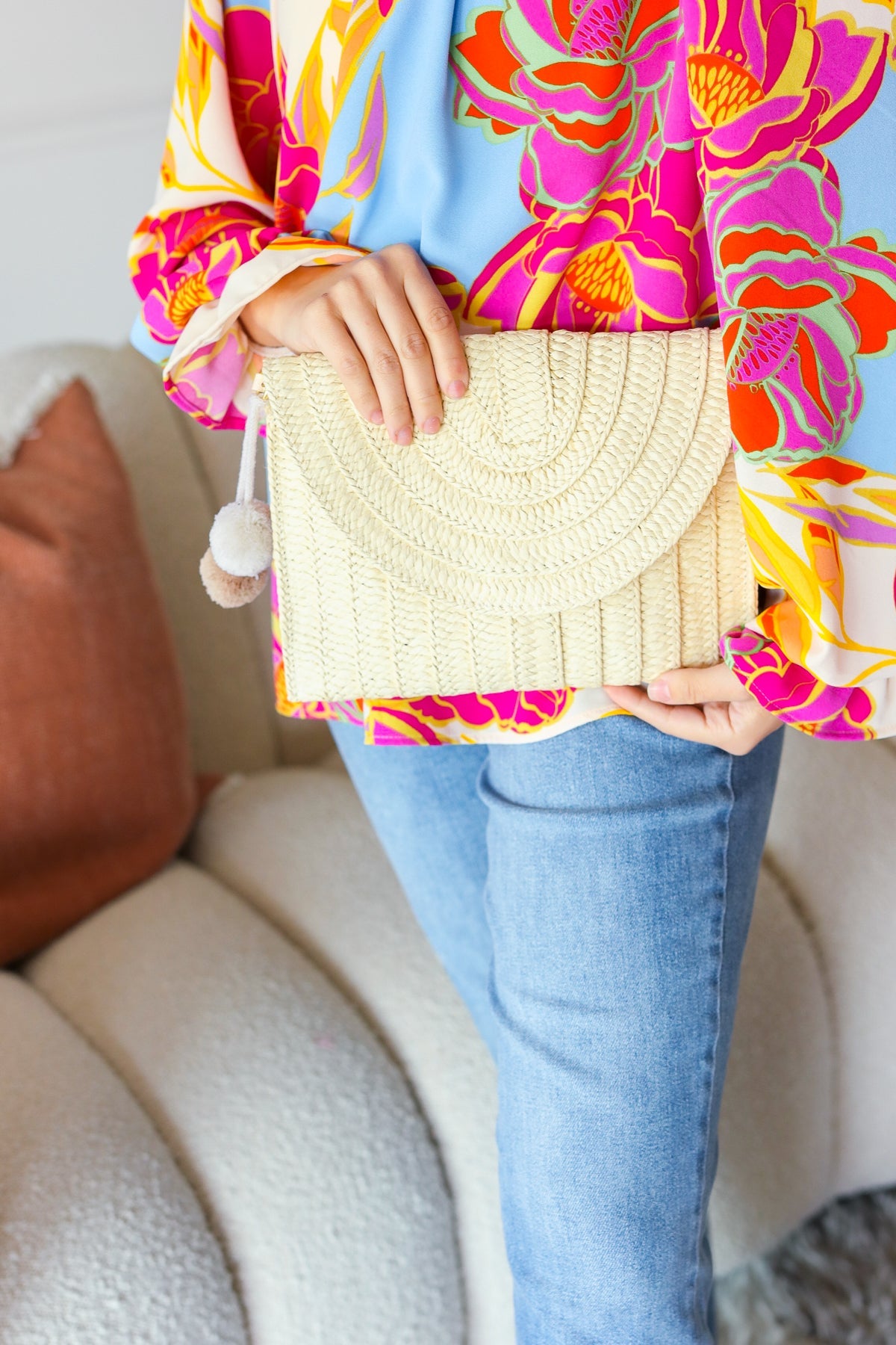 Raffia Flap Closure Clutch Bag with Wrist Strap and Pom Pom -SALE-