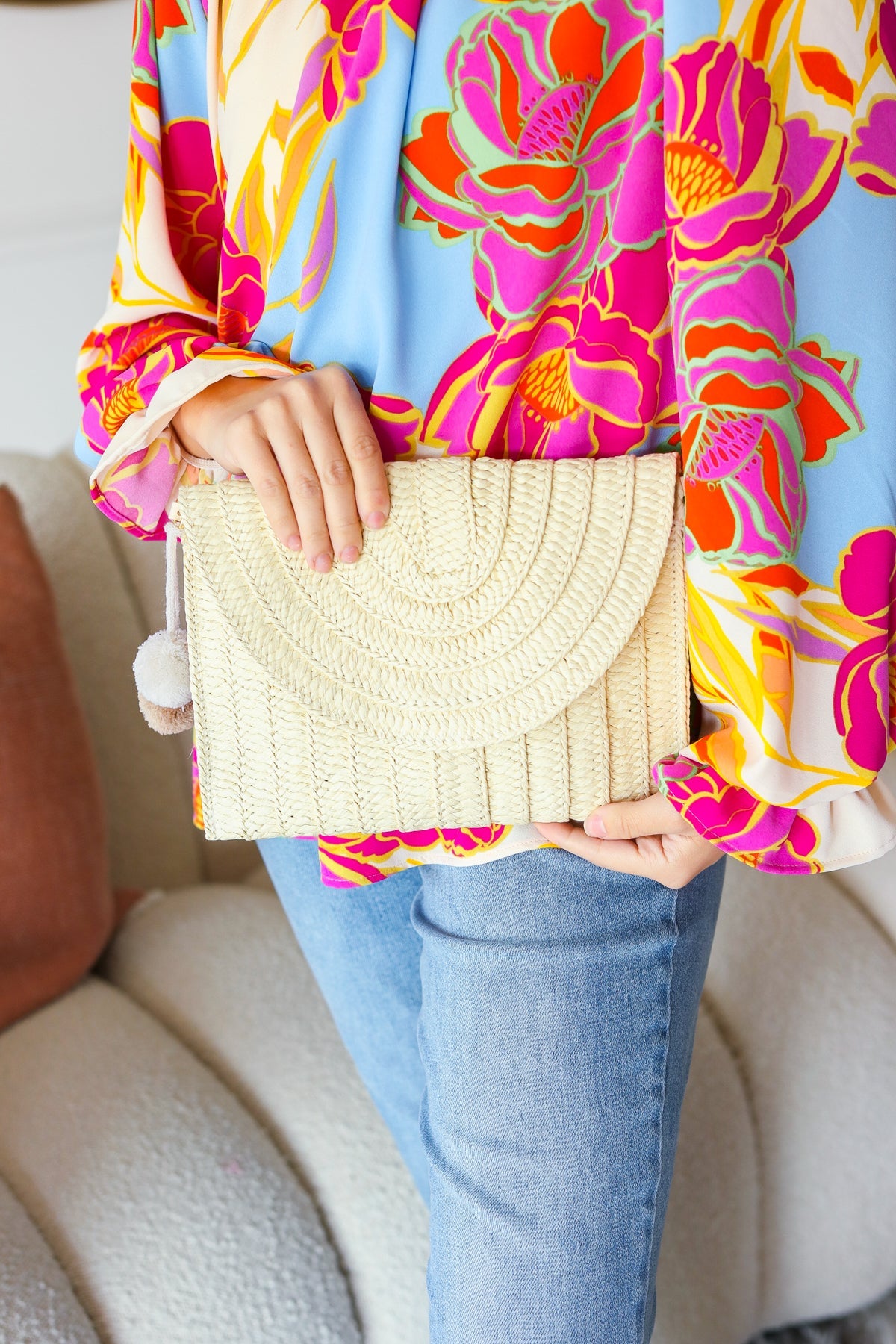 Raffia Flap Closure Clutch Bag with Wrist Strap and Pom Pom -SALE-