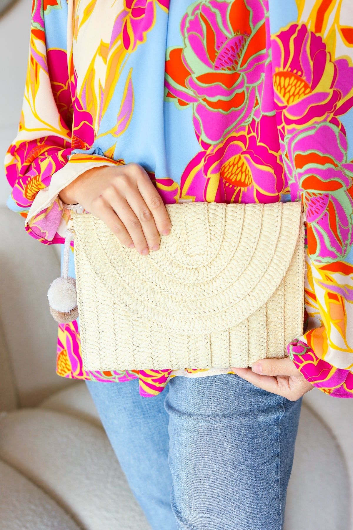 Raffia Flap Closure Clutch Bag with Wrist Strap and Pom Pom -SALE-