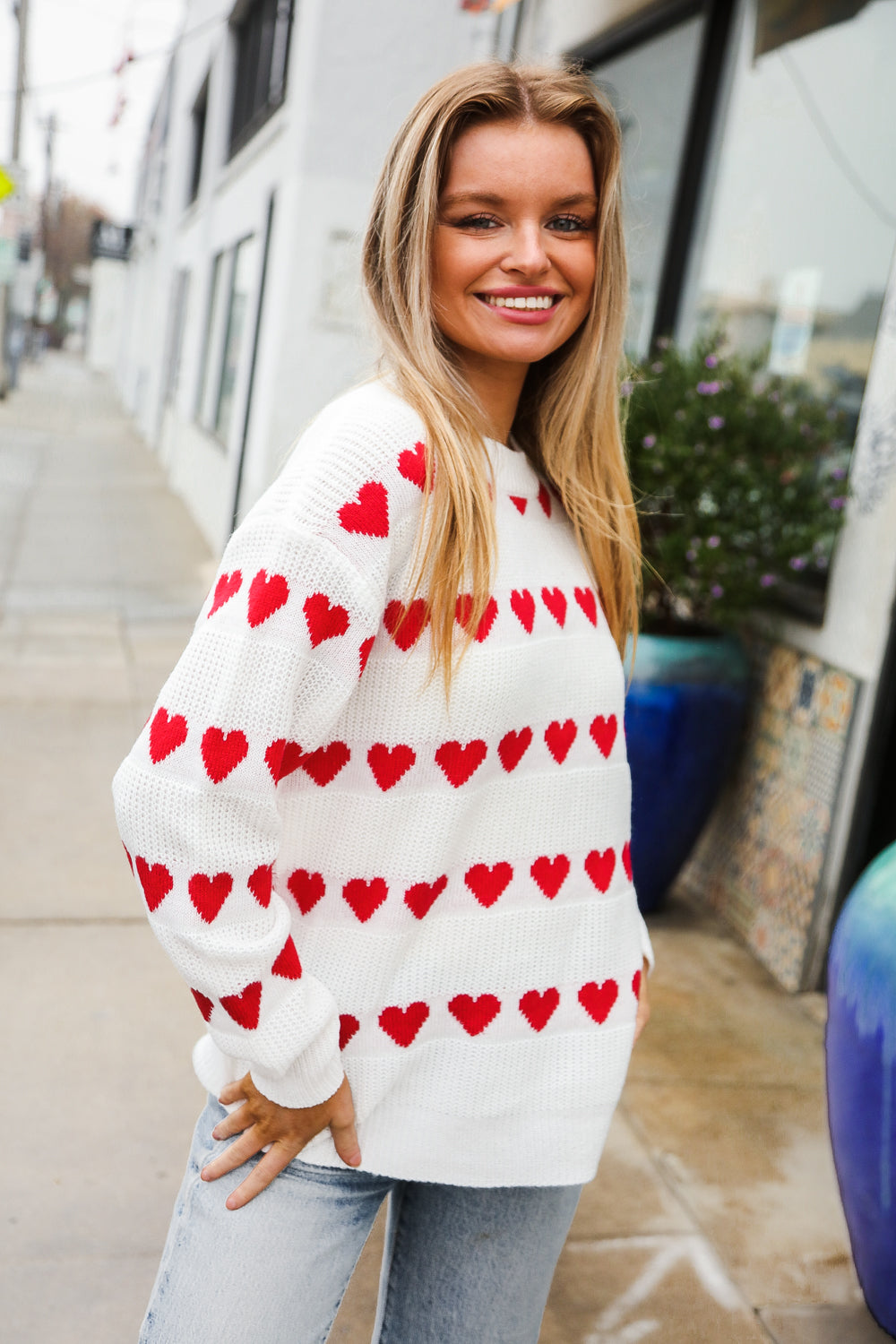 Be Mine White Jacquard Heart Stripe Pullover Sweater