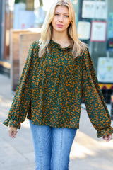 Sweet But Sassy Hunter Green Ditzy Floral Frill Neck Top