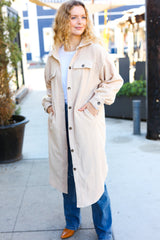 On Your Own Taupe Fleece Button Down Duster Jacket