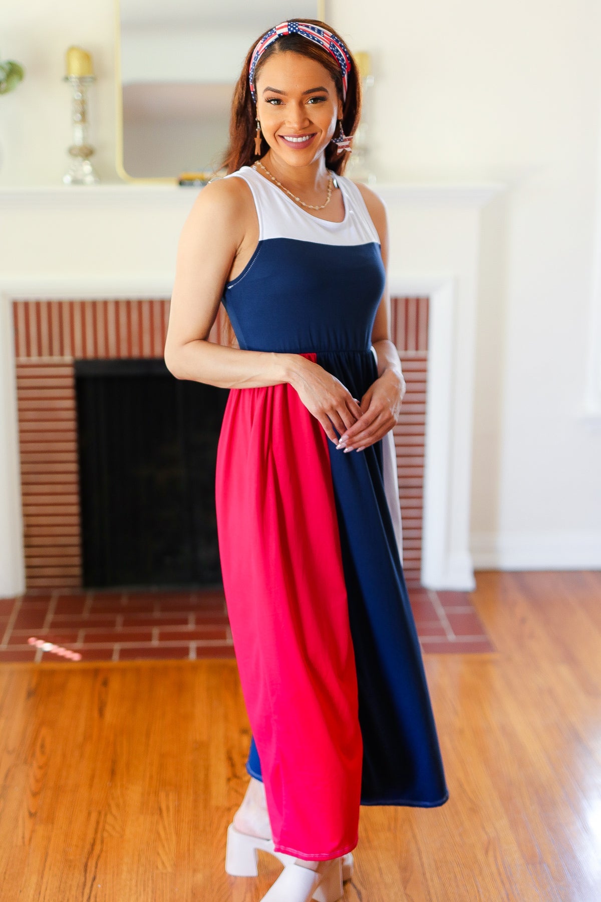 4th of July Dress Patriotic Color Block Fit & Flare Maxi Dress