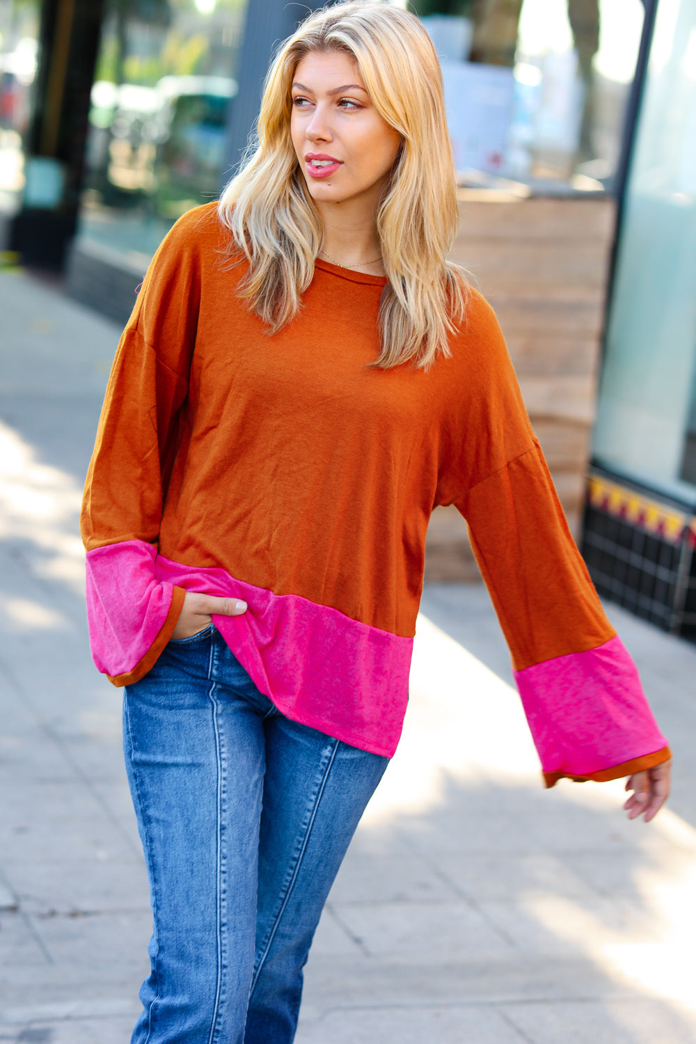 Fuchsia & Rust Color Block Hacci Top -SALE-