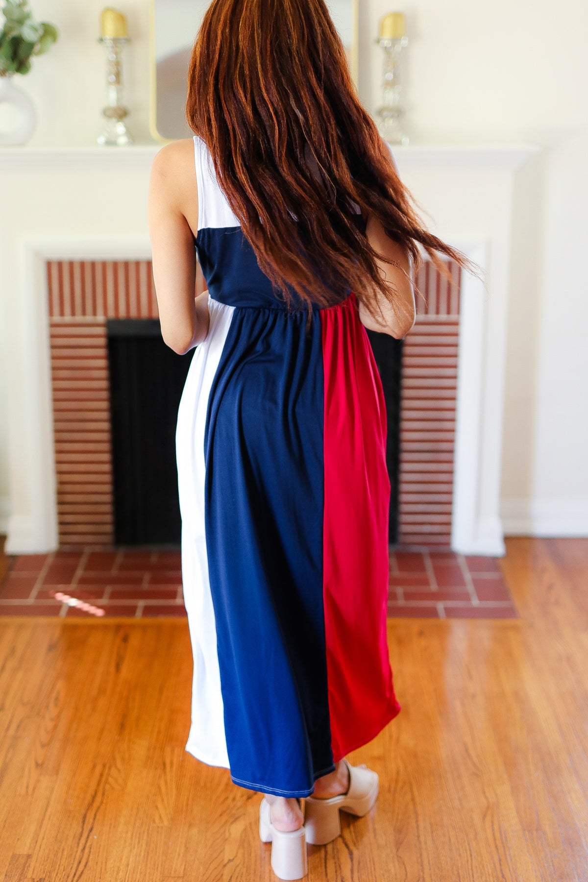 4th of July Dress Patriotic Color Block Fit Flare Maxi Dress Small