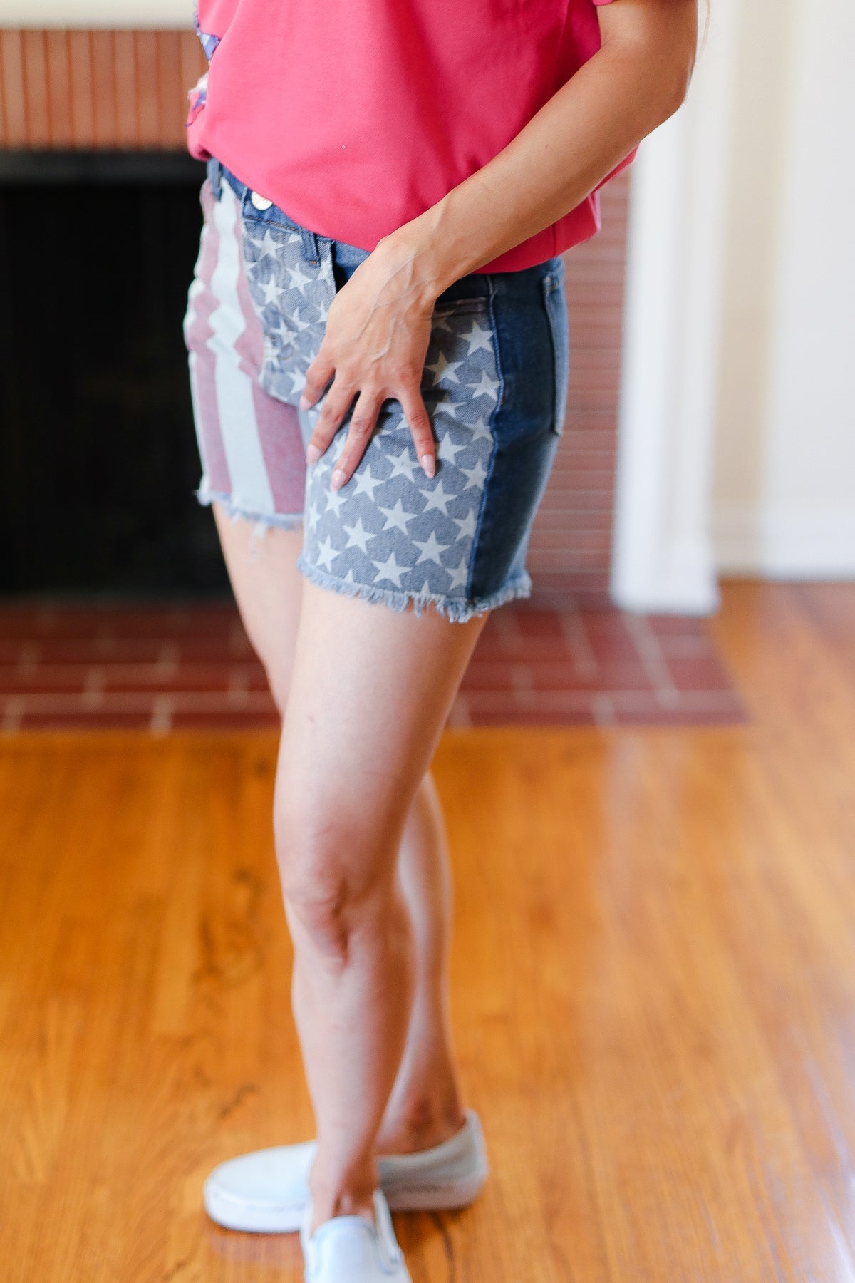 American Flag High Rise Frayed Hem Denim Shorts -SALE-