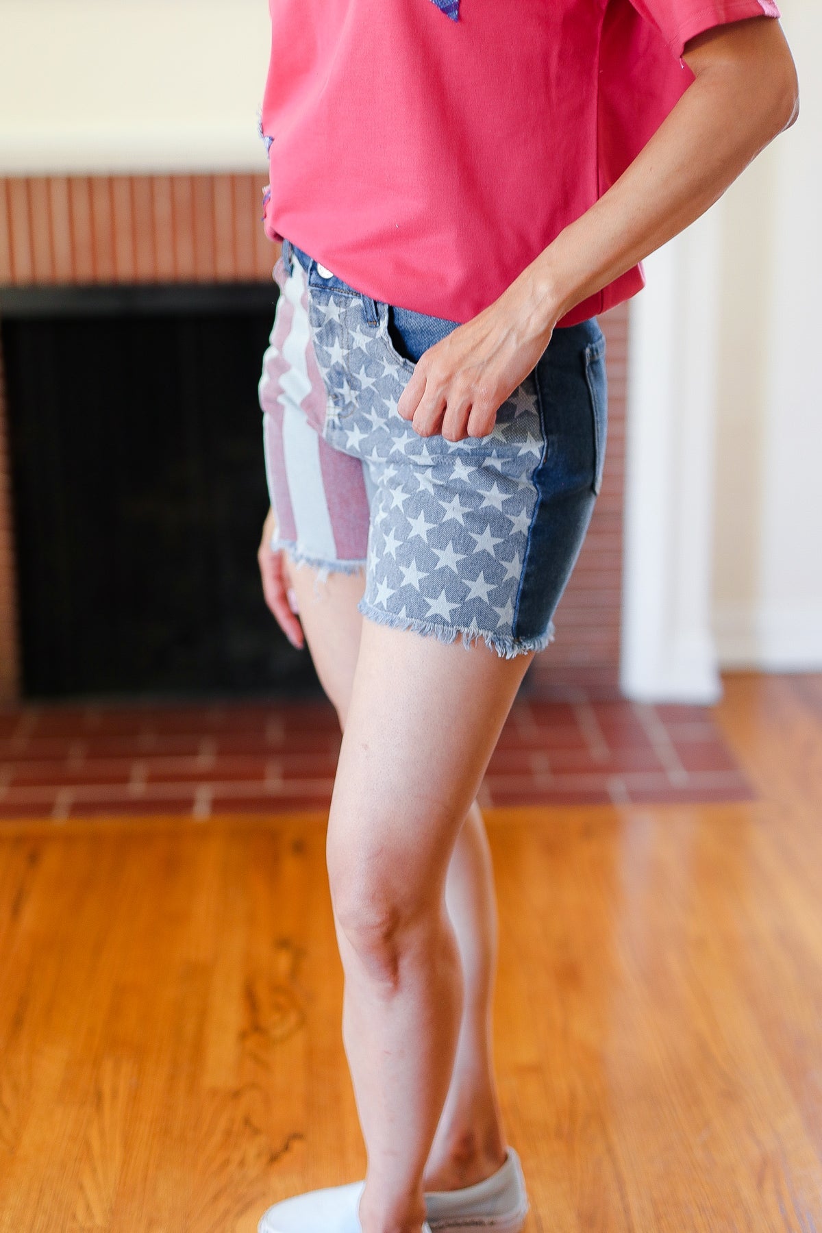 American Flag High Rise Frayed Hem Denim Shorts -SALE-