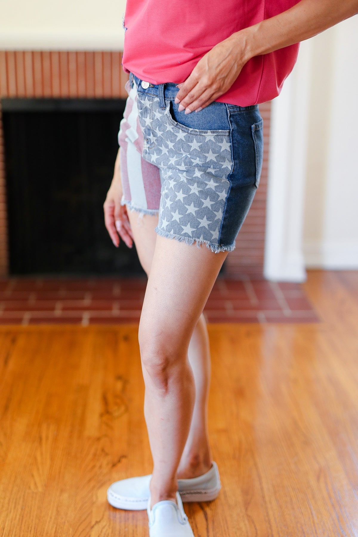 American Flag High Rise Frayed Hem Denim Shorts -SALE-