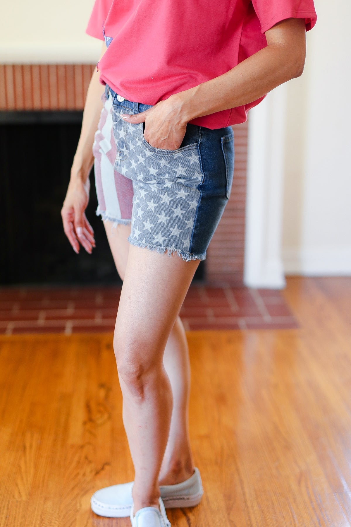 American Flag High Rise Frayed Hem Denim Shorts -SALE-