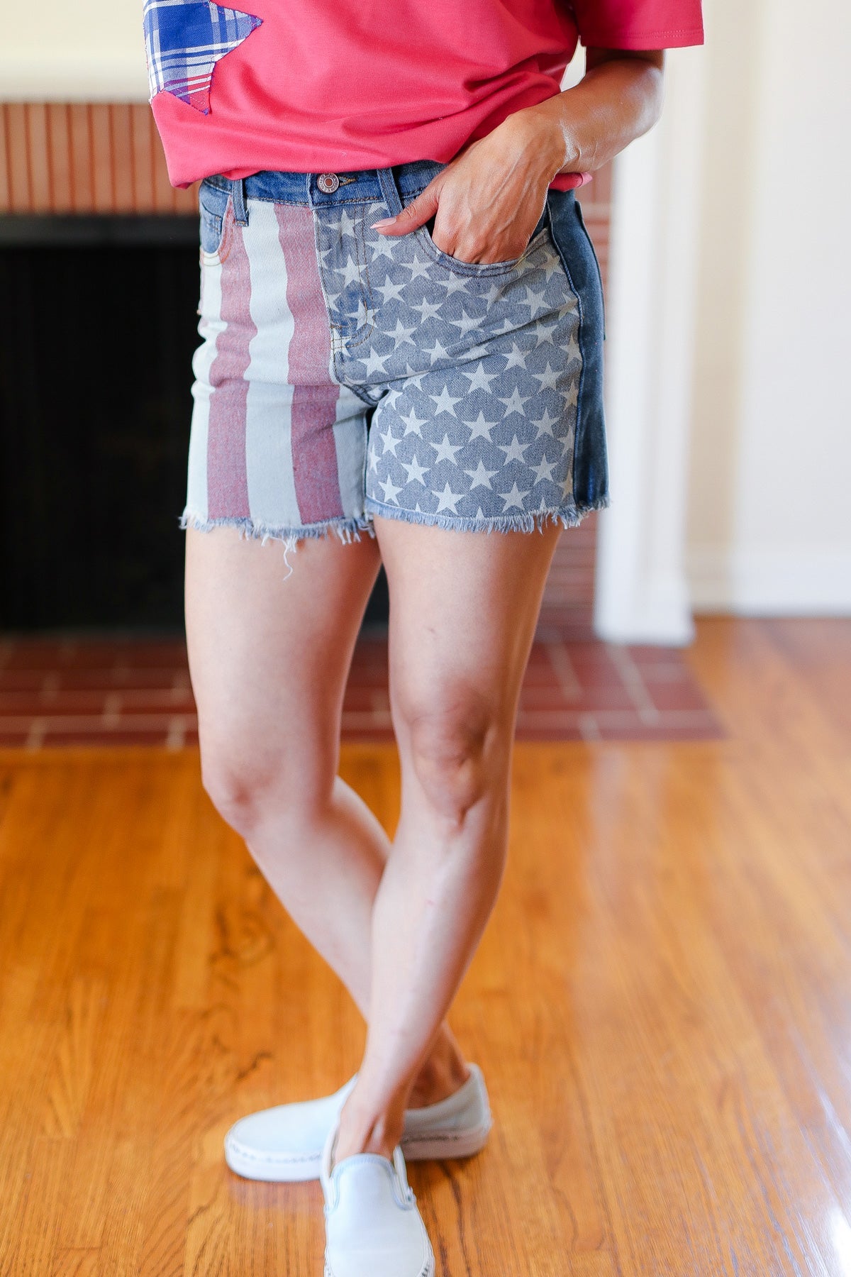 American Flag High Rise Frayed Hem Denim Shorts -SALE-