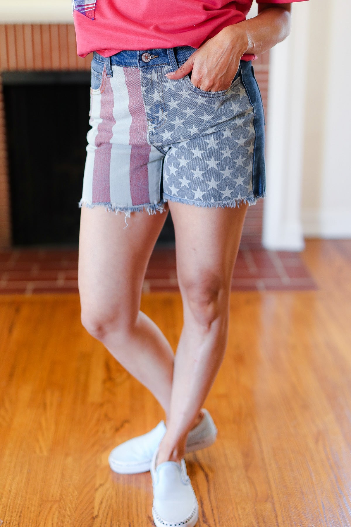 American Flag High Rise Frayed Hem Denim Shorts -SALE-