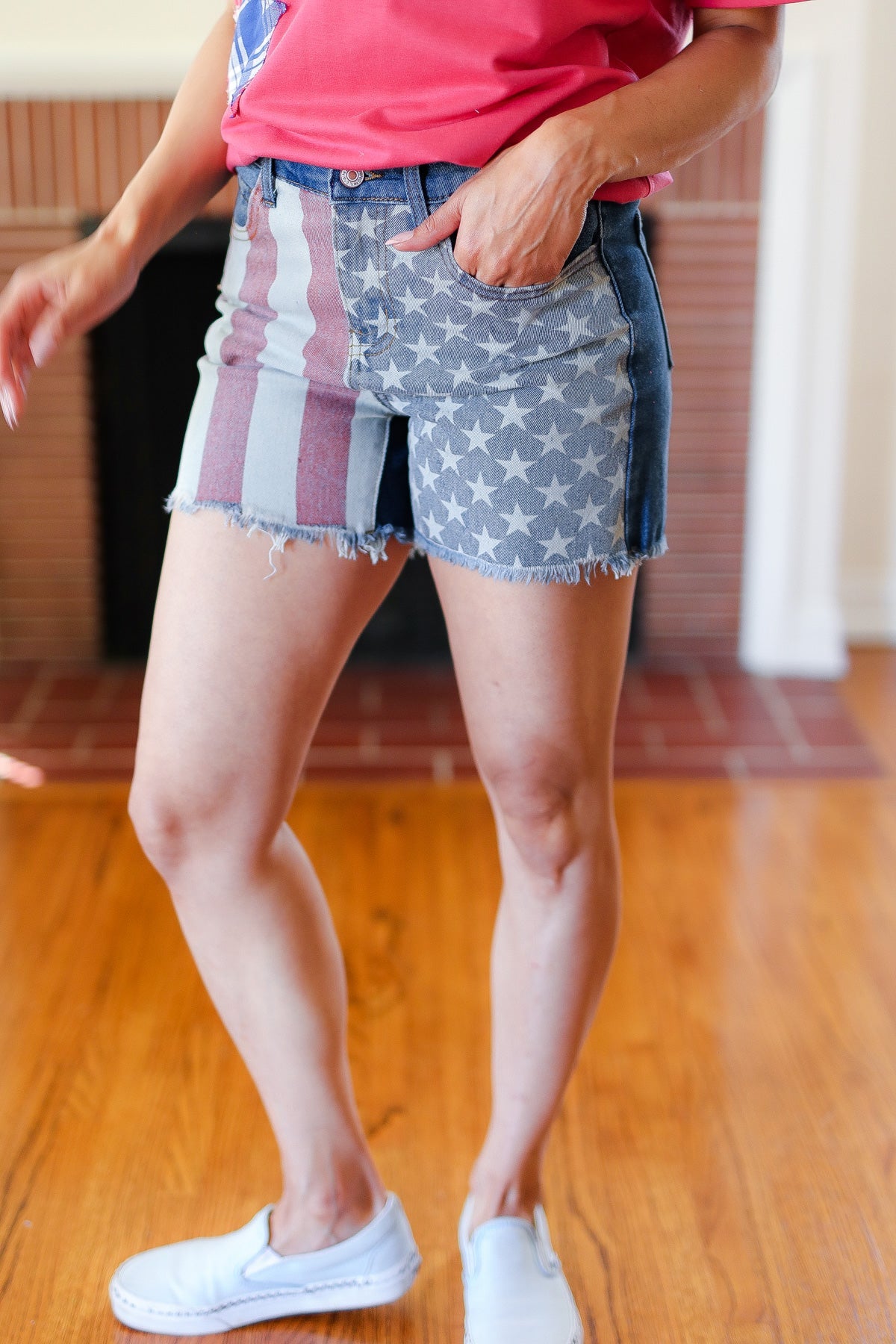 American Flag High Rise Frayed Hem Denim Shorts -SALE-