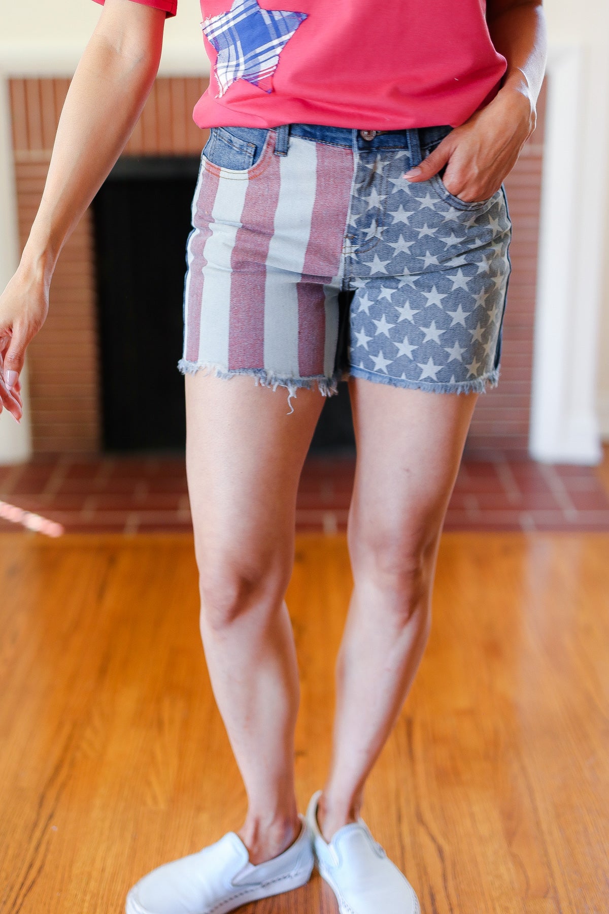 American Flag High Rise Frayed Hem Denim Shorts -SALE-