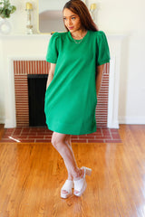 Boldy You Kelly Green Textured Puff Sleeve Dress