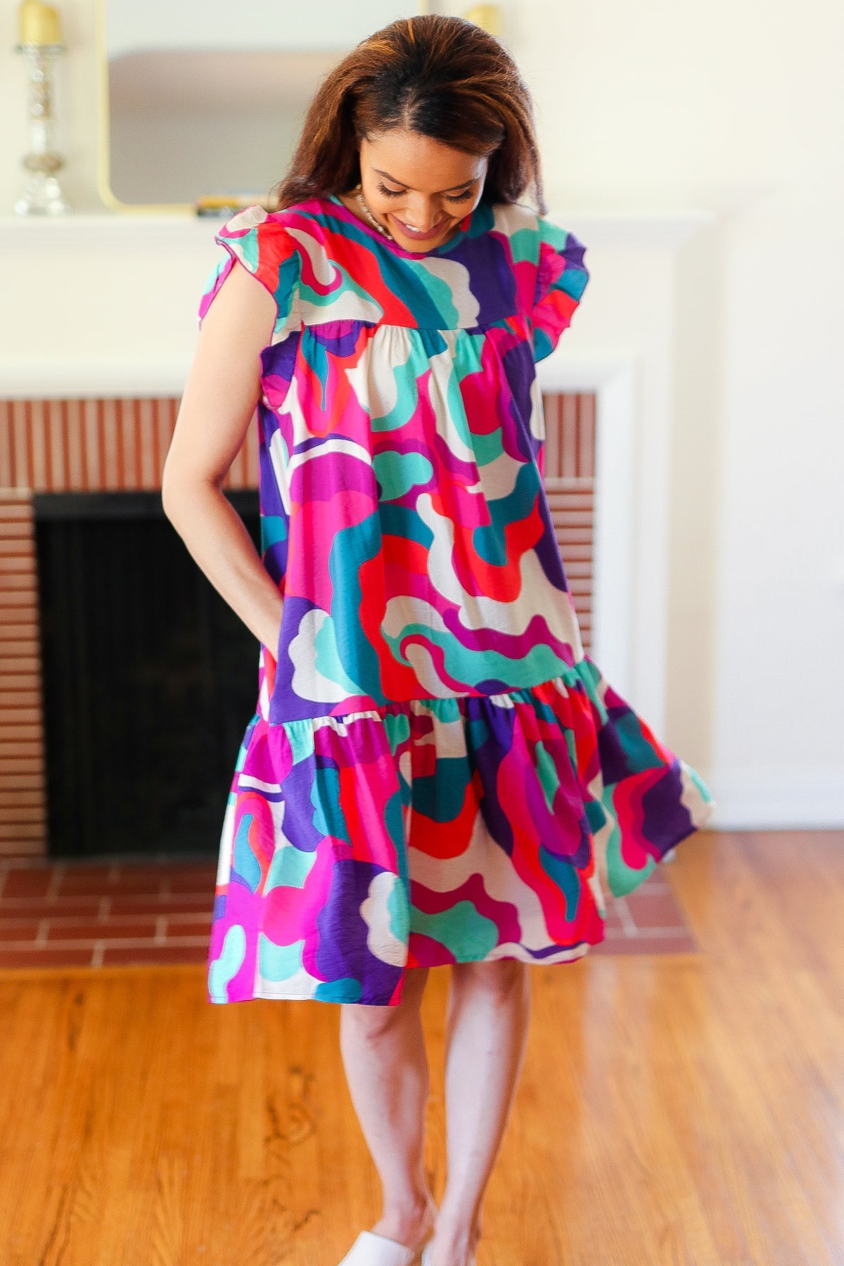 Go For Fun Fuchsia Geo Print Tiered Ruffle Sleeve Woven Dress -SALE-