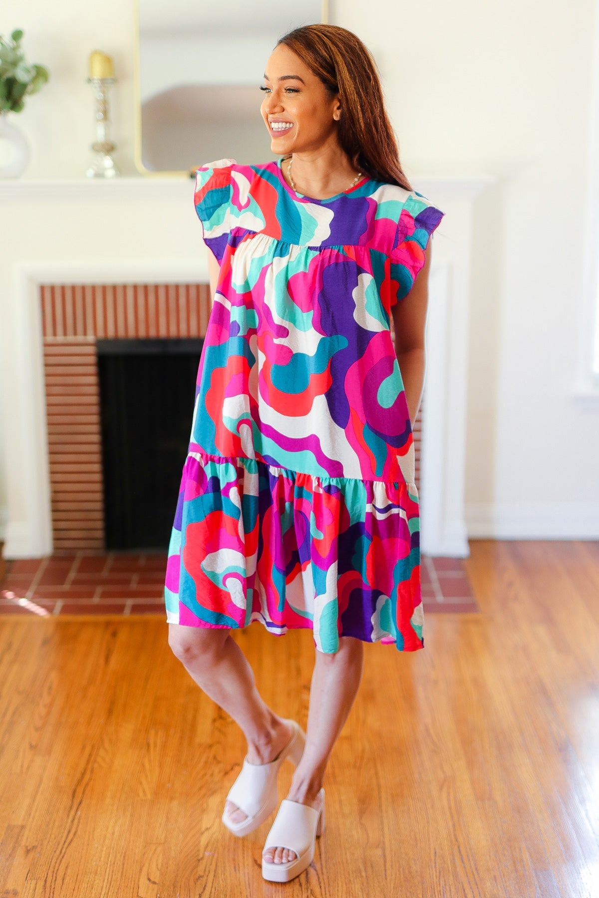 Go For Fun Fuchsia Geo Print Tiered Ruffle Sleeve Woven Dress -SALE-