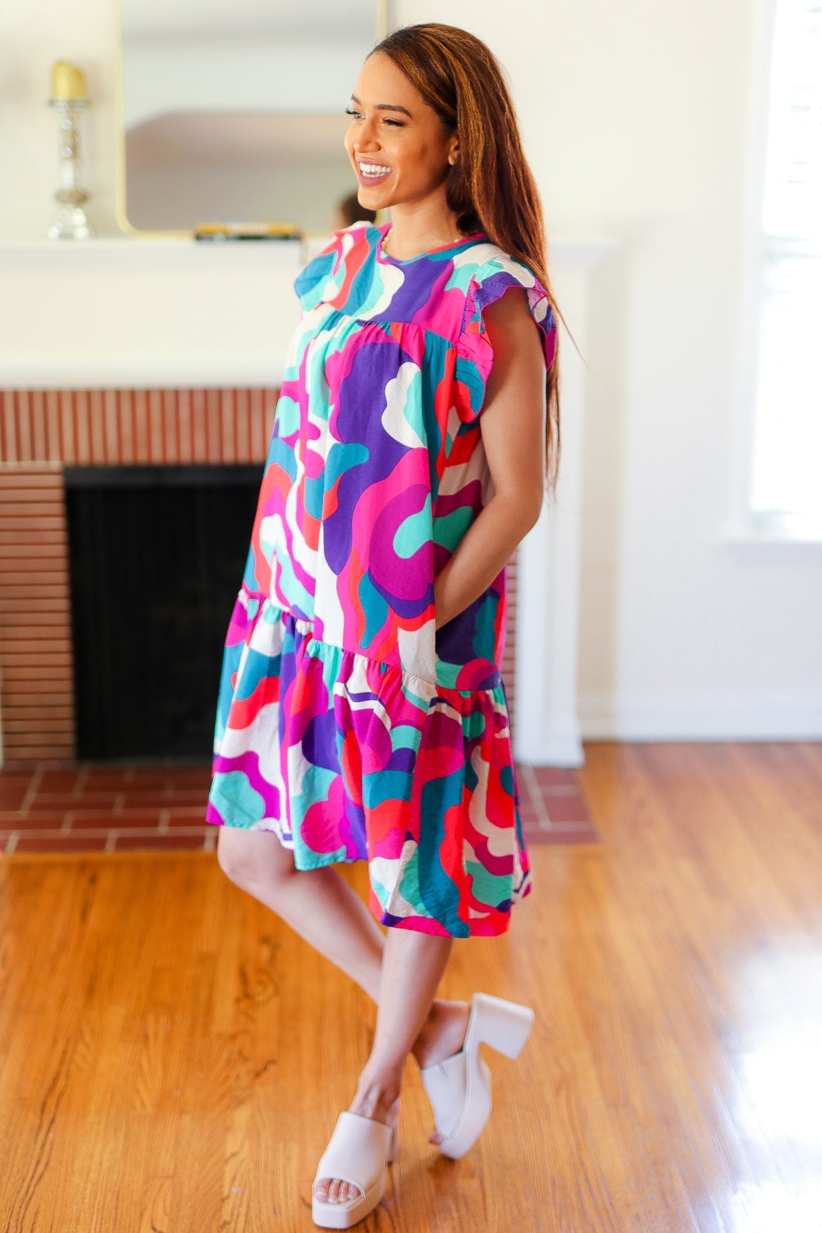 Go For Fun Fuchsia Geo Print Tiered Ruffle Sleeve Woven Dress -SALE-