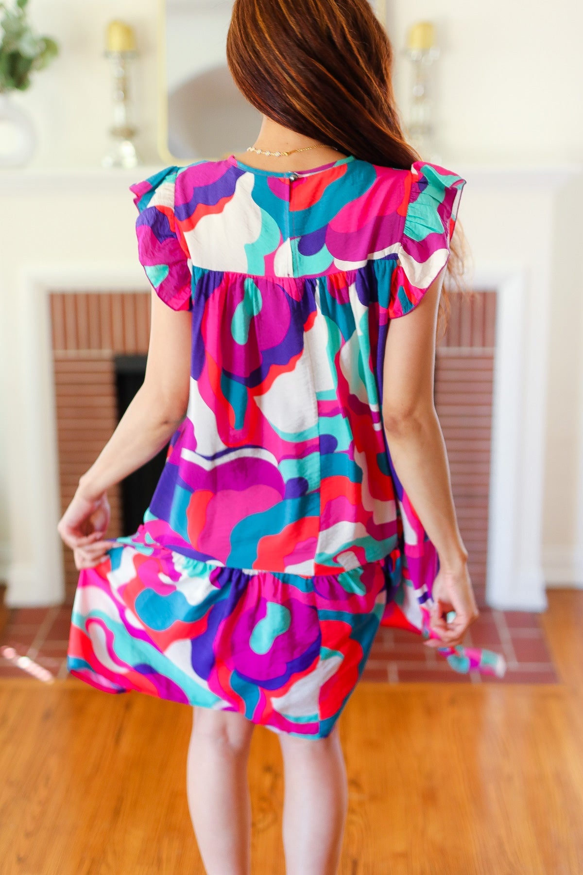 Go For Fun Fuchsia Geo Print Tiered Ruffle Sleeve Woven Dress -SALE-