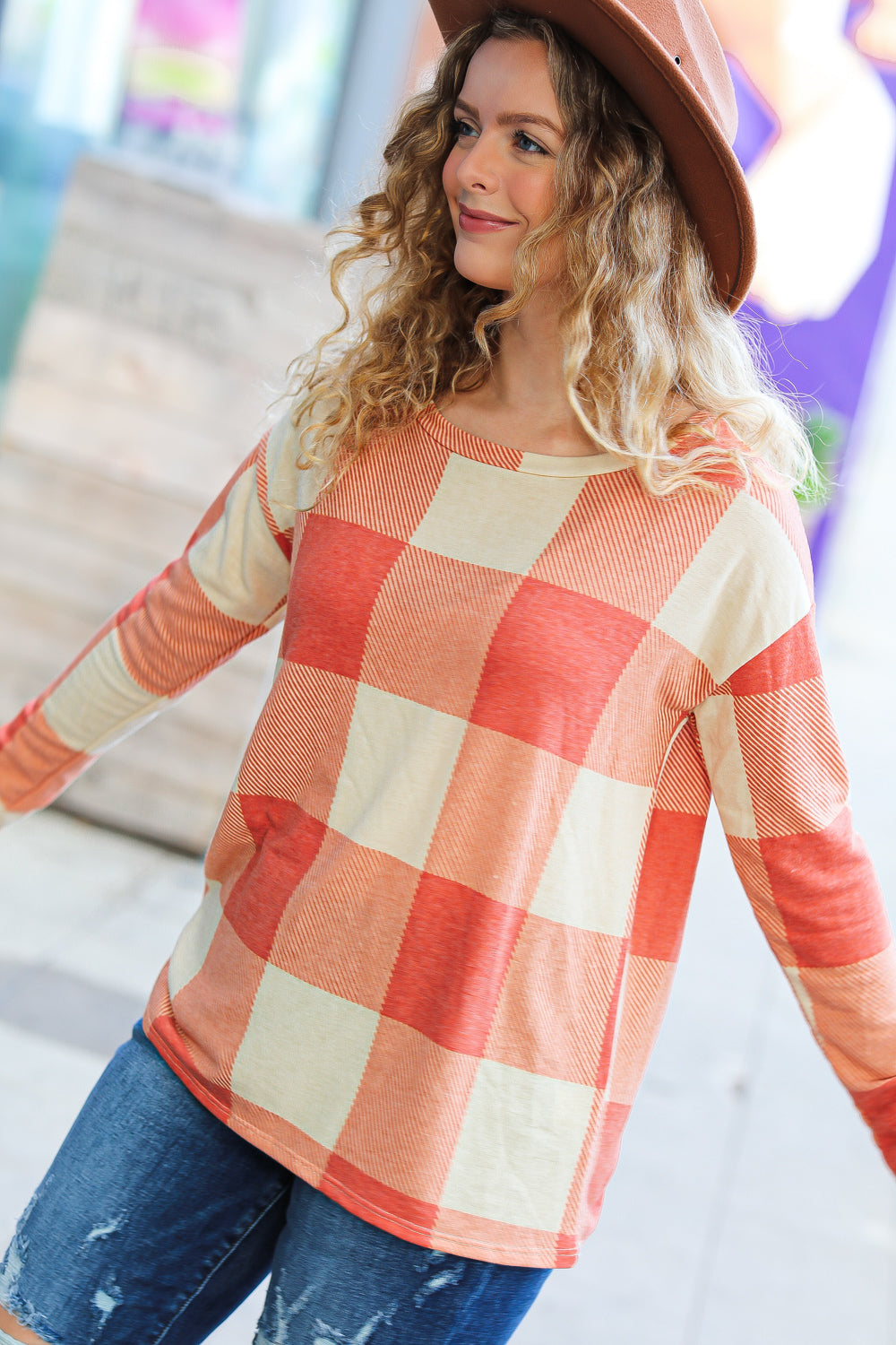 Rust Checker Plaid French Terry Top