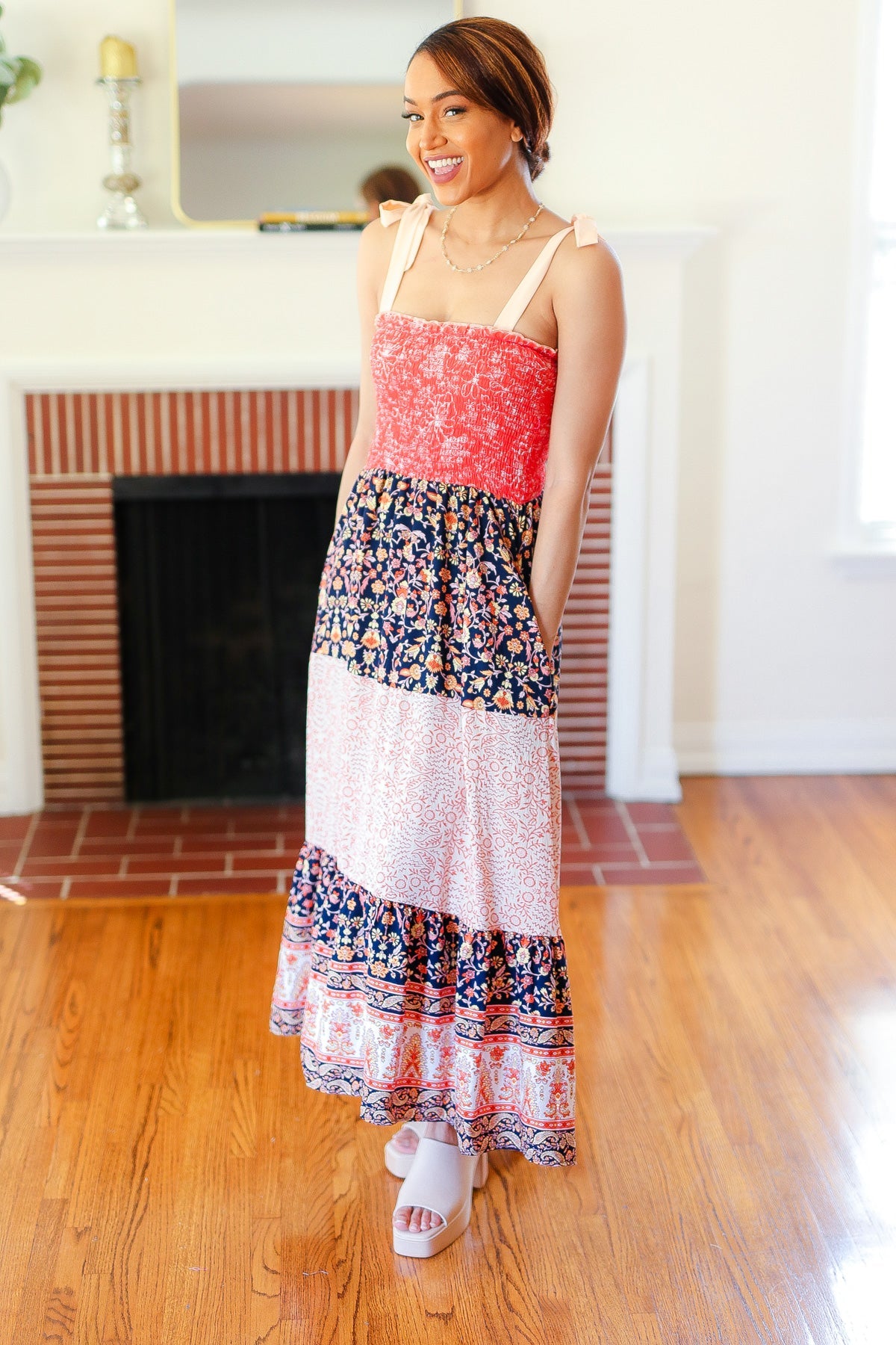 Vacay Vibes Orange Floral Smocked Tube Top Tiered Maxi Dress -SALE-