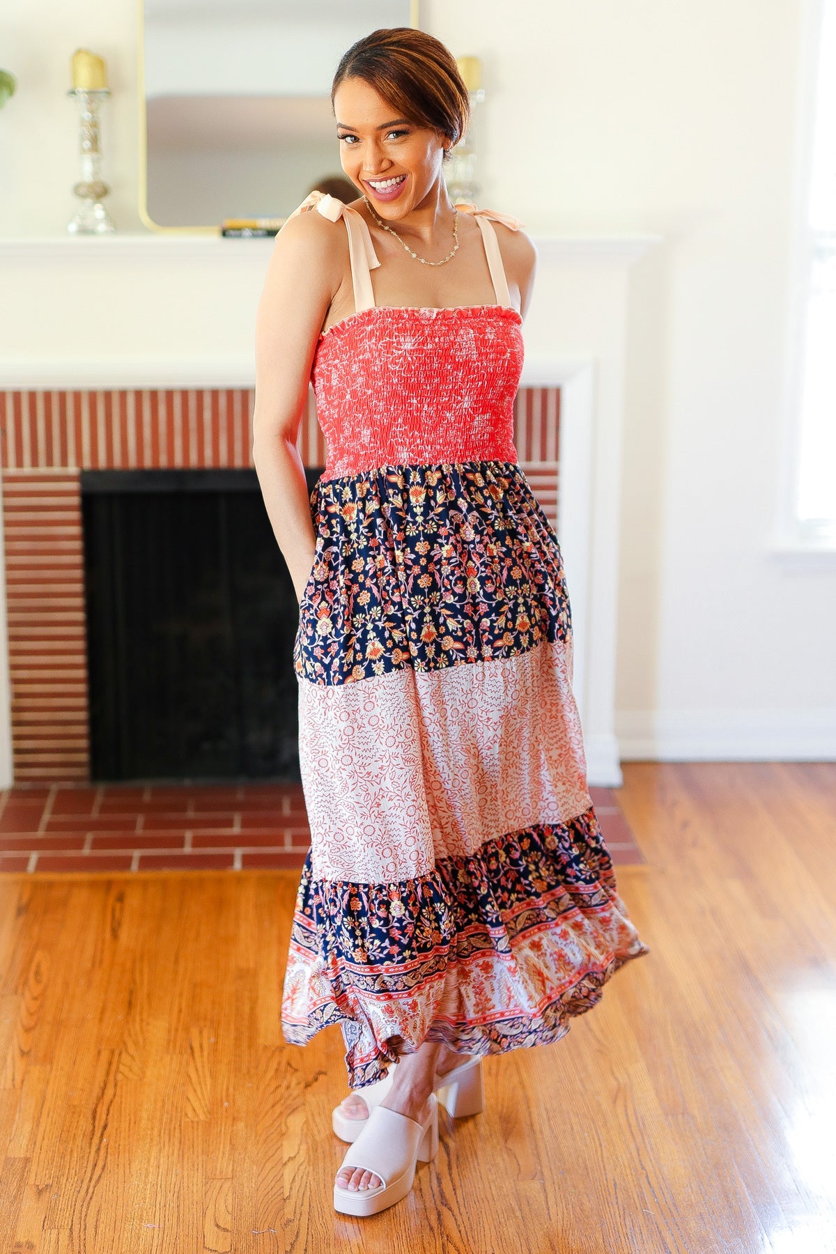 Vacay Vibes Orange Floral Smocked Tube Top Tiered Maxi Dress -SALE-