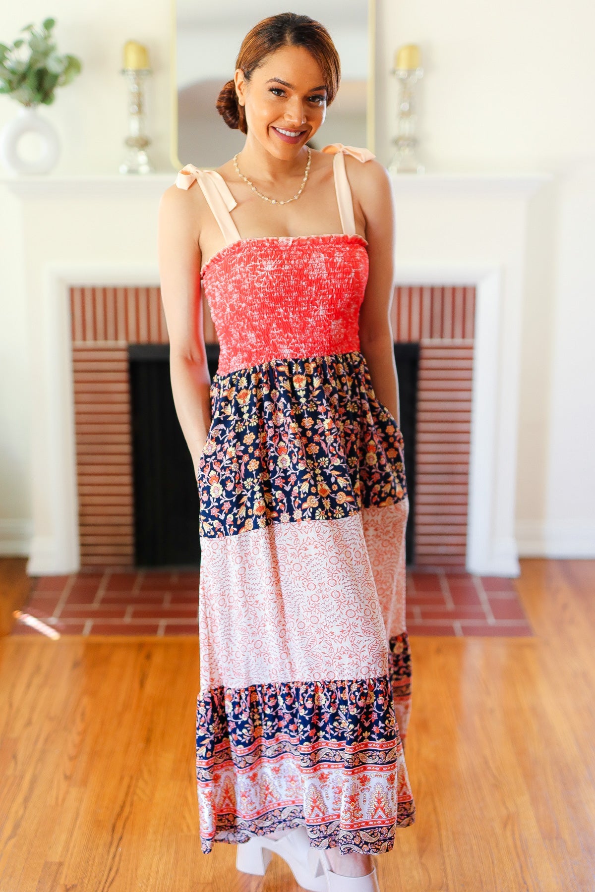 Vacay Vibes Orange Floral Smocked Tube Top Tiered Maxi Dress -SALE-