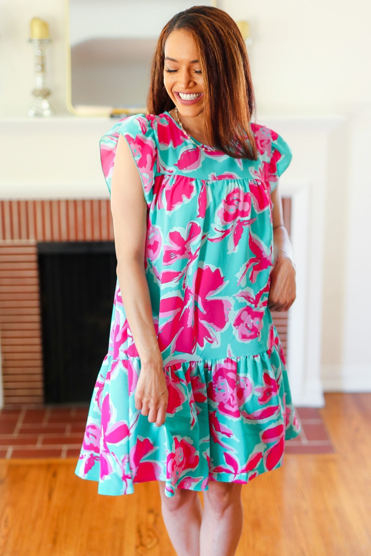 Dreaming Aqua & Fuchsia Floral Print Tiered Ruffle Sleeve Dress