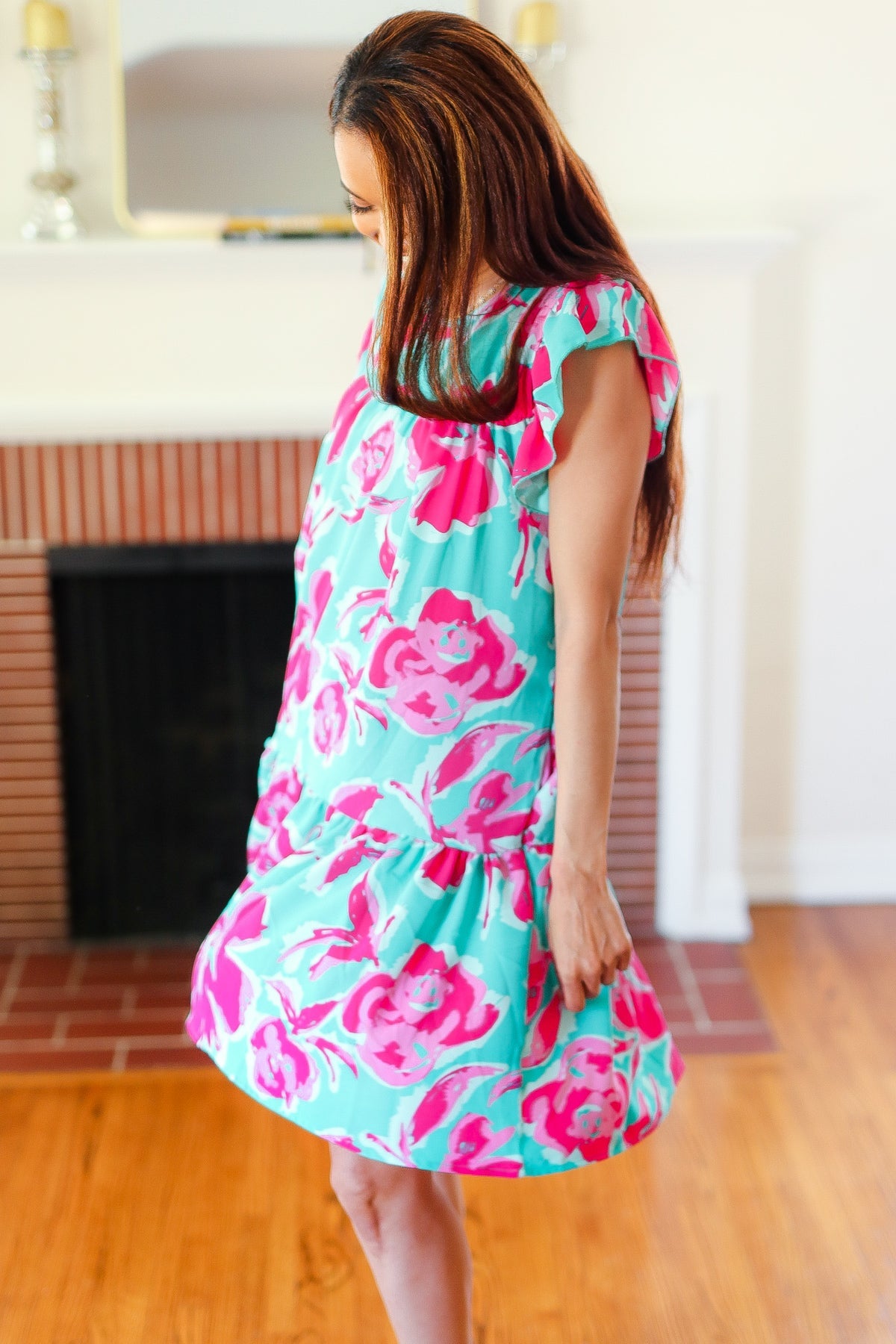 Dreaming Aqua & Fuchsia Floral Print Tiered Ruffle Sleeve Dress