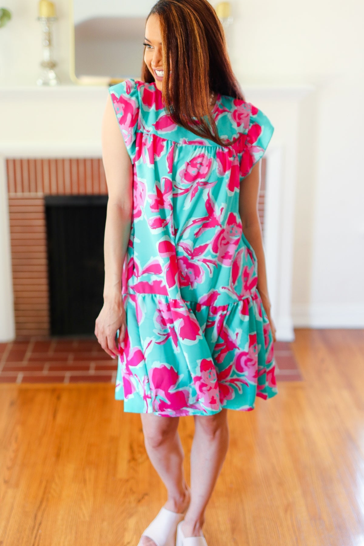 Dreaming Aqua & Fuchsia Floral Print Tiered Ruffle Sleeve Dress