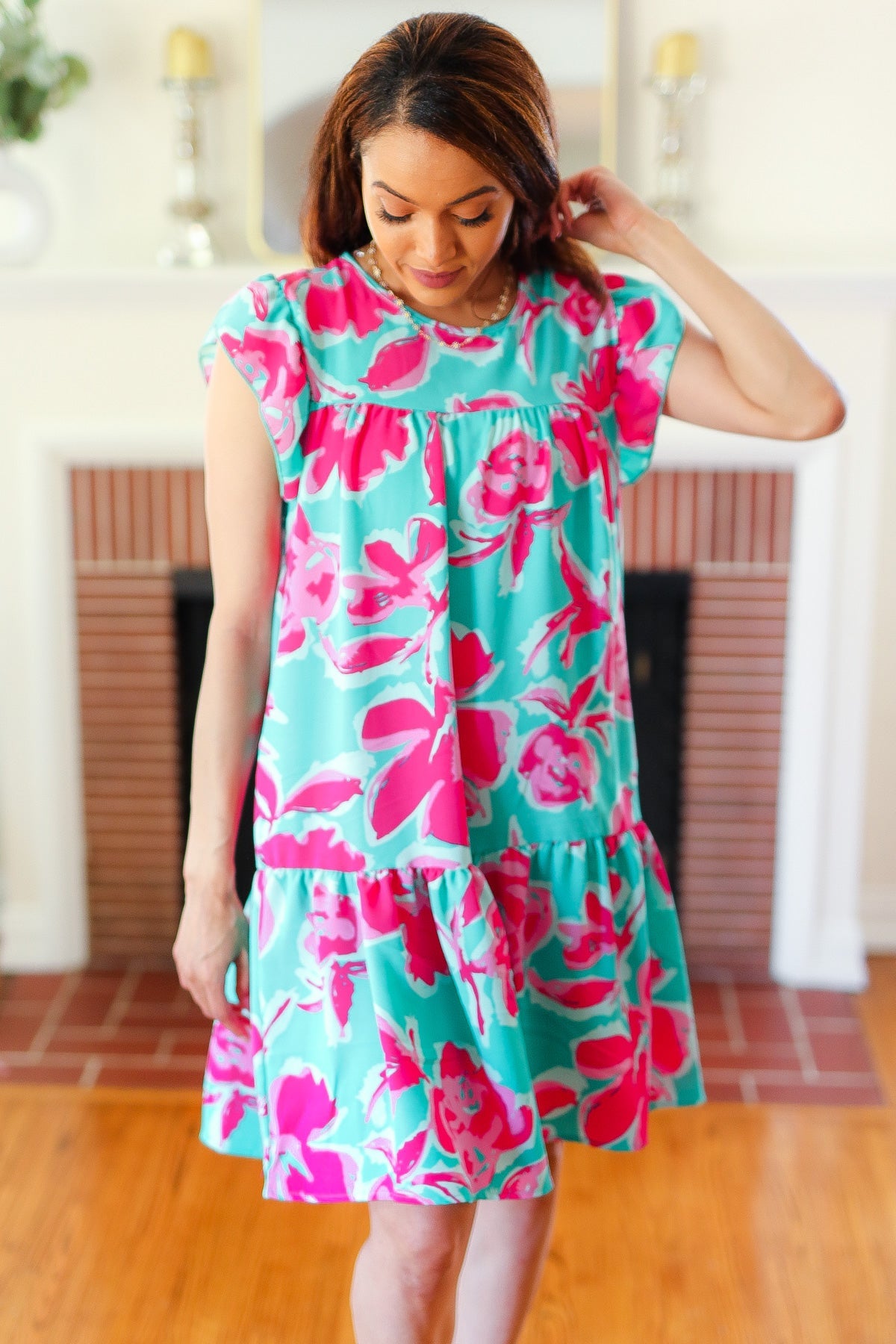 Dreaming Aqua & Fuchsia Floral Print Tiered Ruffle Sleeve Dress