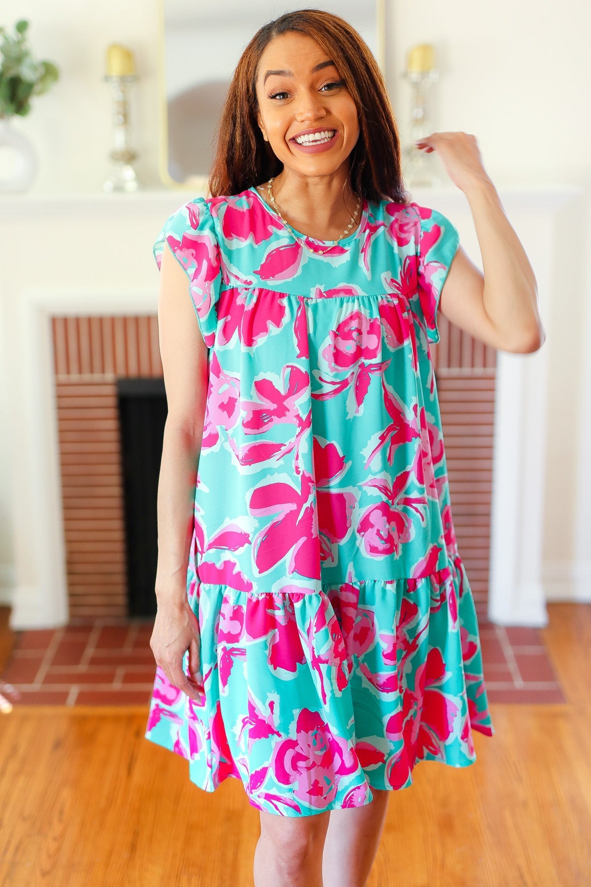 Dreaming Aqua & Fuchsia Floral Print Tiered Ruffle Sleeve Dress