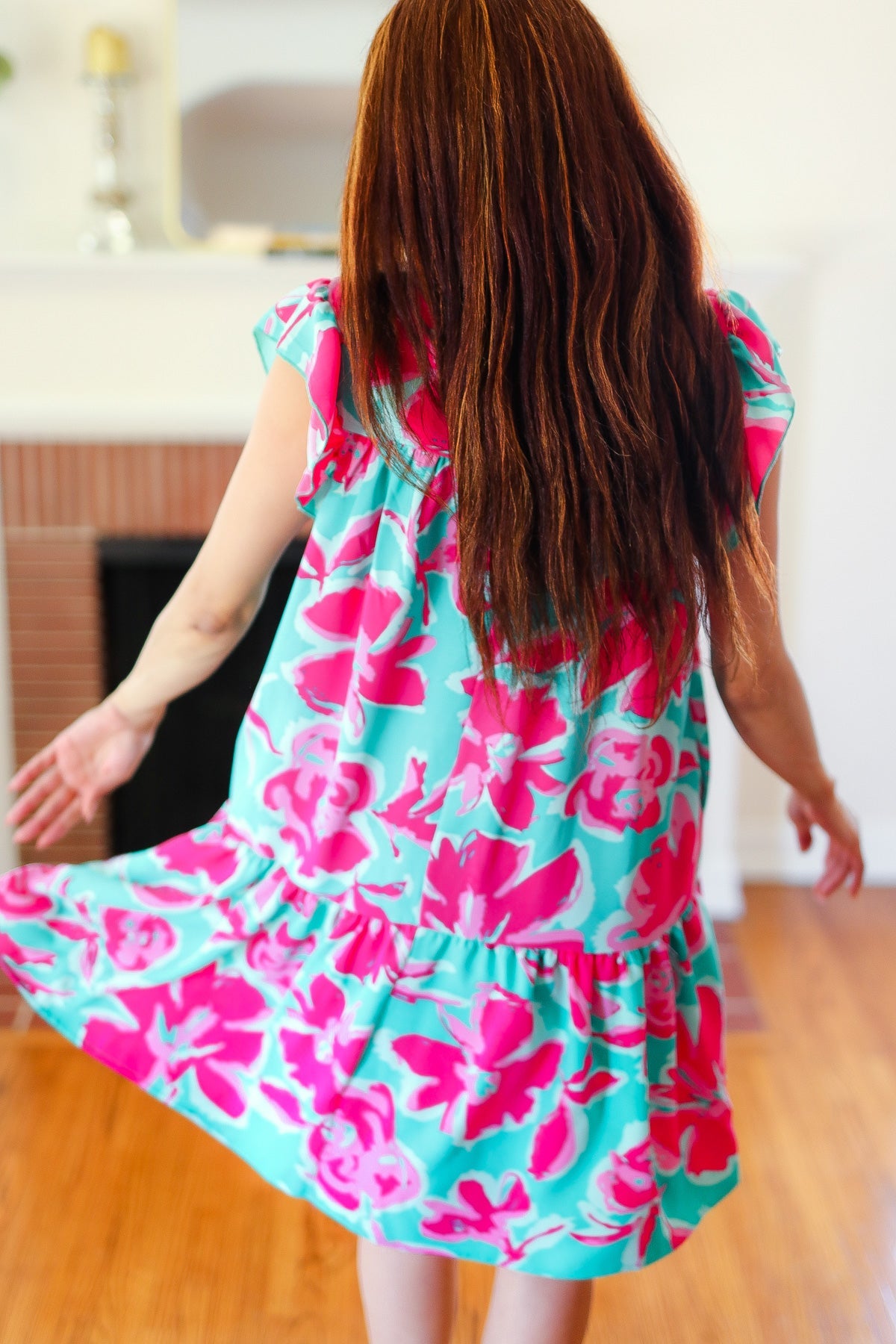 Dreaming Aqua & Fuchsia Floral Print Tiered Ruffle Sleeve Dress