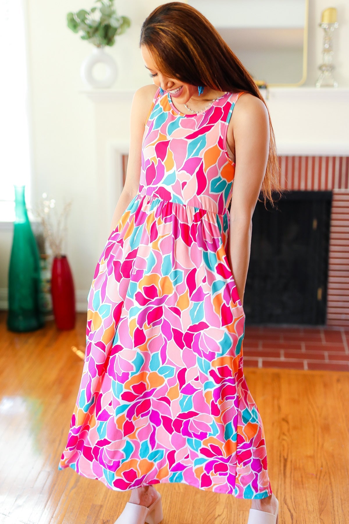 Tropical Dress Hello Beautiful Fuchsia Abstract Floral Fit & Flare Maxi Dress