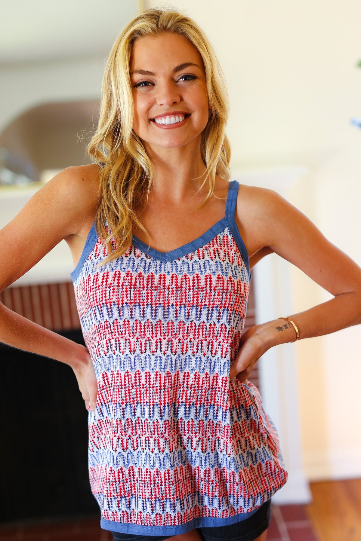 Red White & Blue Squiggly Striped Sleeveless Top -SALE-